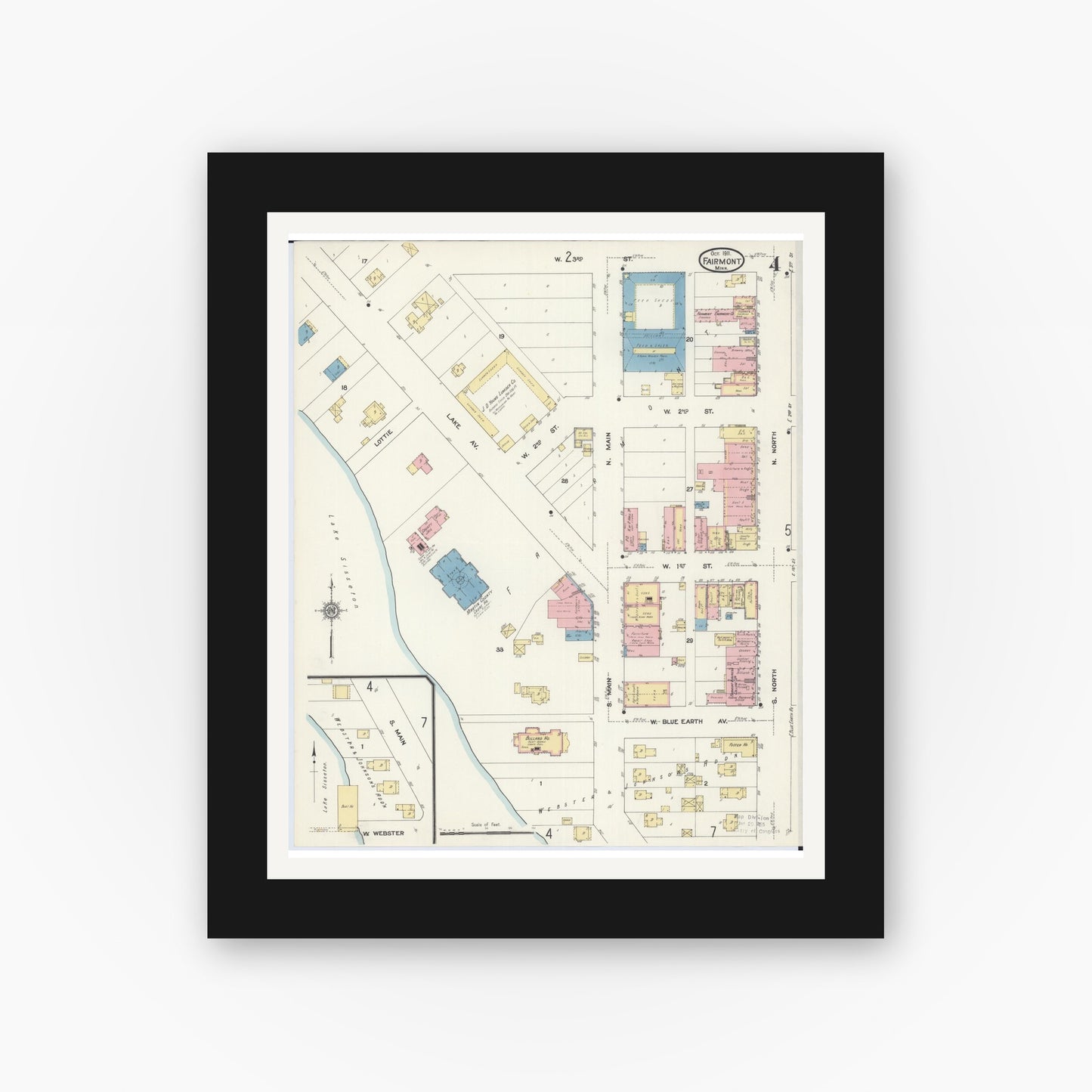 Old map wall art mockup — black gallery frame with white mat — Sanborn Fire Insurance Map from Fairmont, Martin County, Minnesota (1911), Sheet #0004