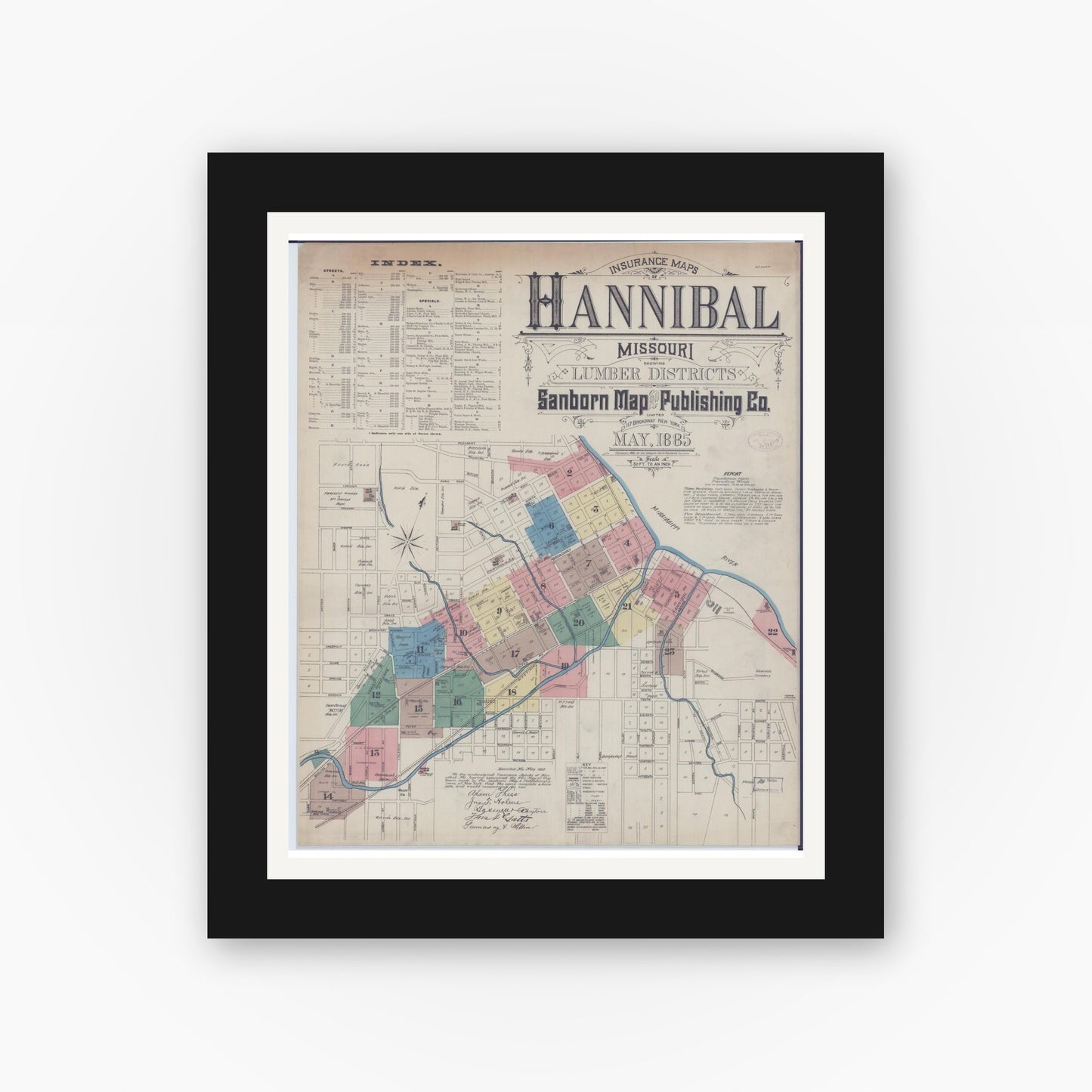 Old map wall art mockup — black gallery frame with white mat — Sanborn Fire Insurance Map from Hannibal, Marion County, Missouri (1885), Sheet #0001