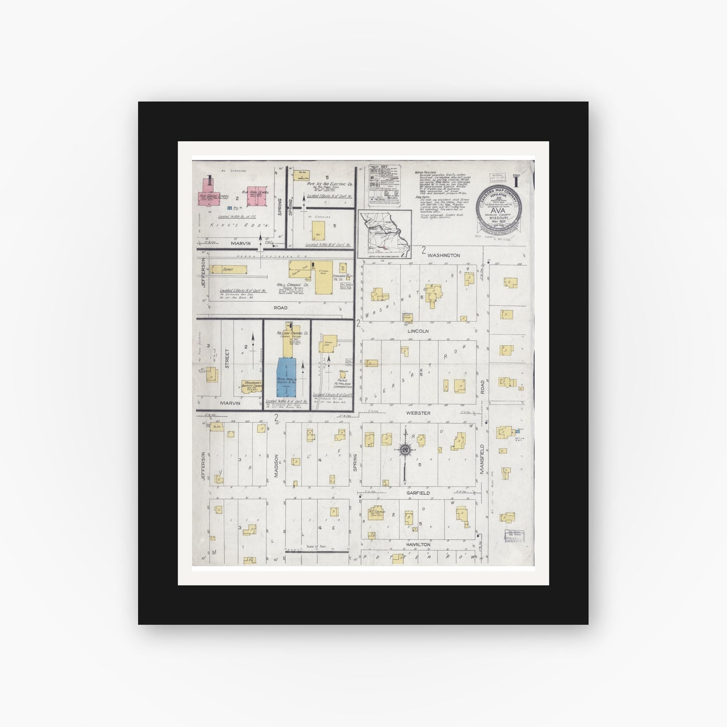 Old map wall art mockup — black gallery frame with white mat — Sanborn Fire Insurance Map from Ava, Douglas County, Missouri (1925) - Complete Map Set