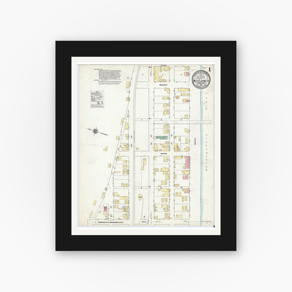 Old map wall art mockup — black gallery frame with white mat — Sanborn Fire Insurance Map from West Elizabeth, Allegheny County, Pennsylvania (1910) - Complete Map Set