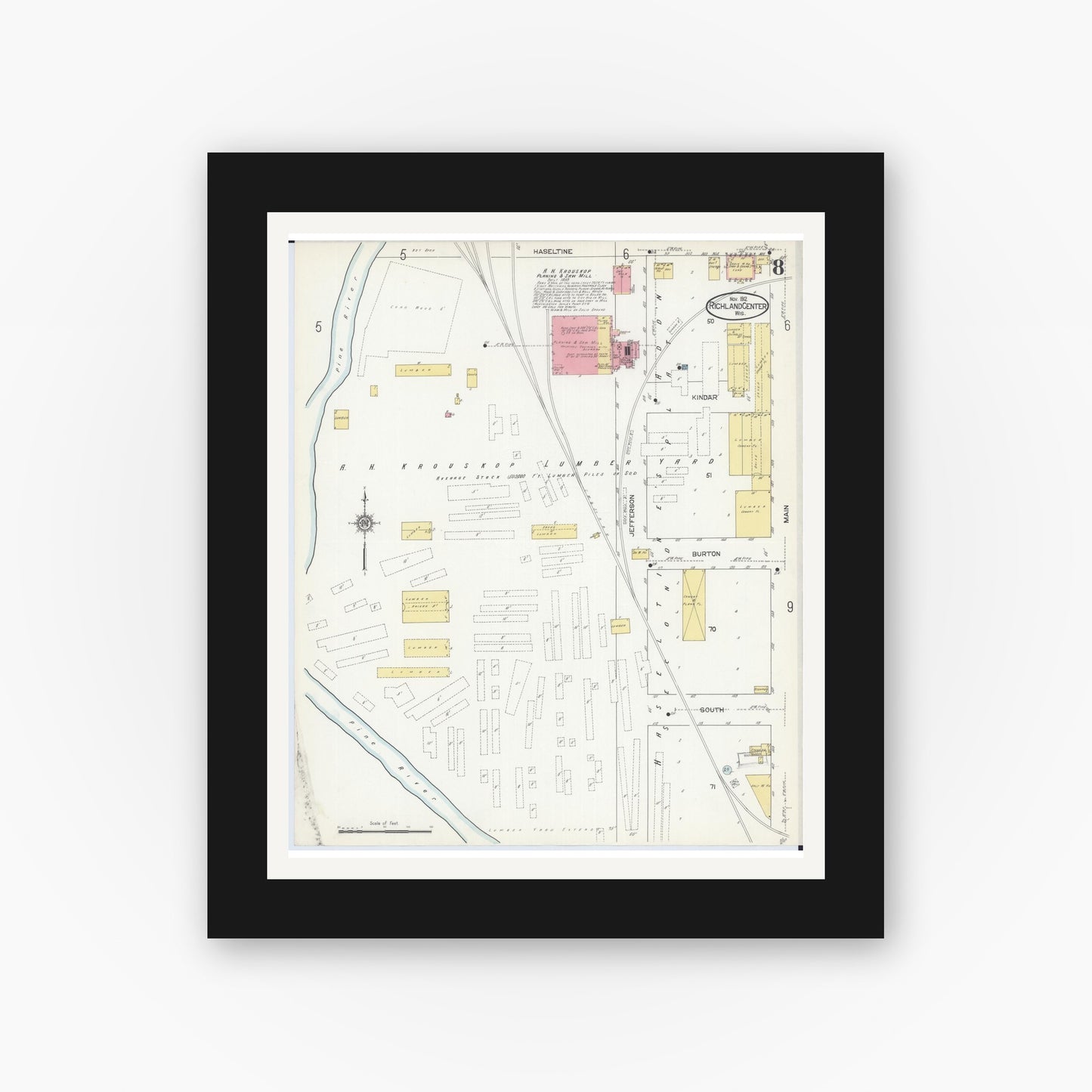 Old map wall art mockup — black gallery frame with white mat — Sanborn Fire Insurance Map from Richland Center, Richland County, Wisconsin (1912), Sheet #0008