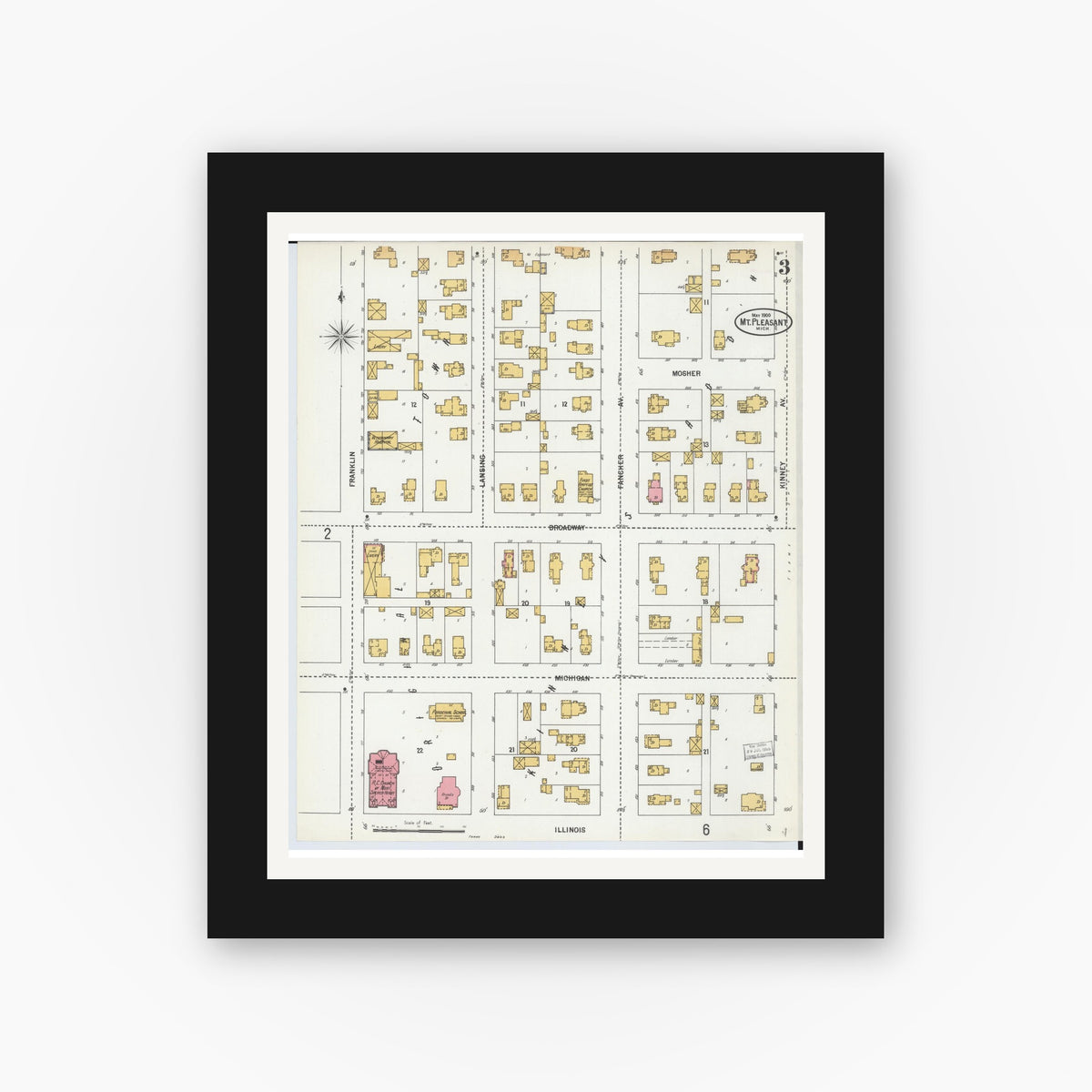 Old map wall art mockup — black gallery frame with white mat — Sanborn Fire Insurance Map from Mount Pleasant, Isabella County, Michigan (1900), Sheet #0003