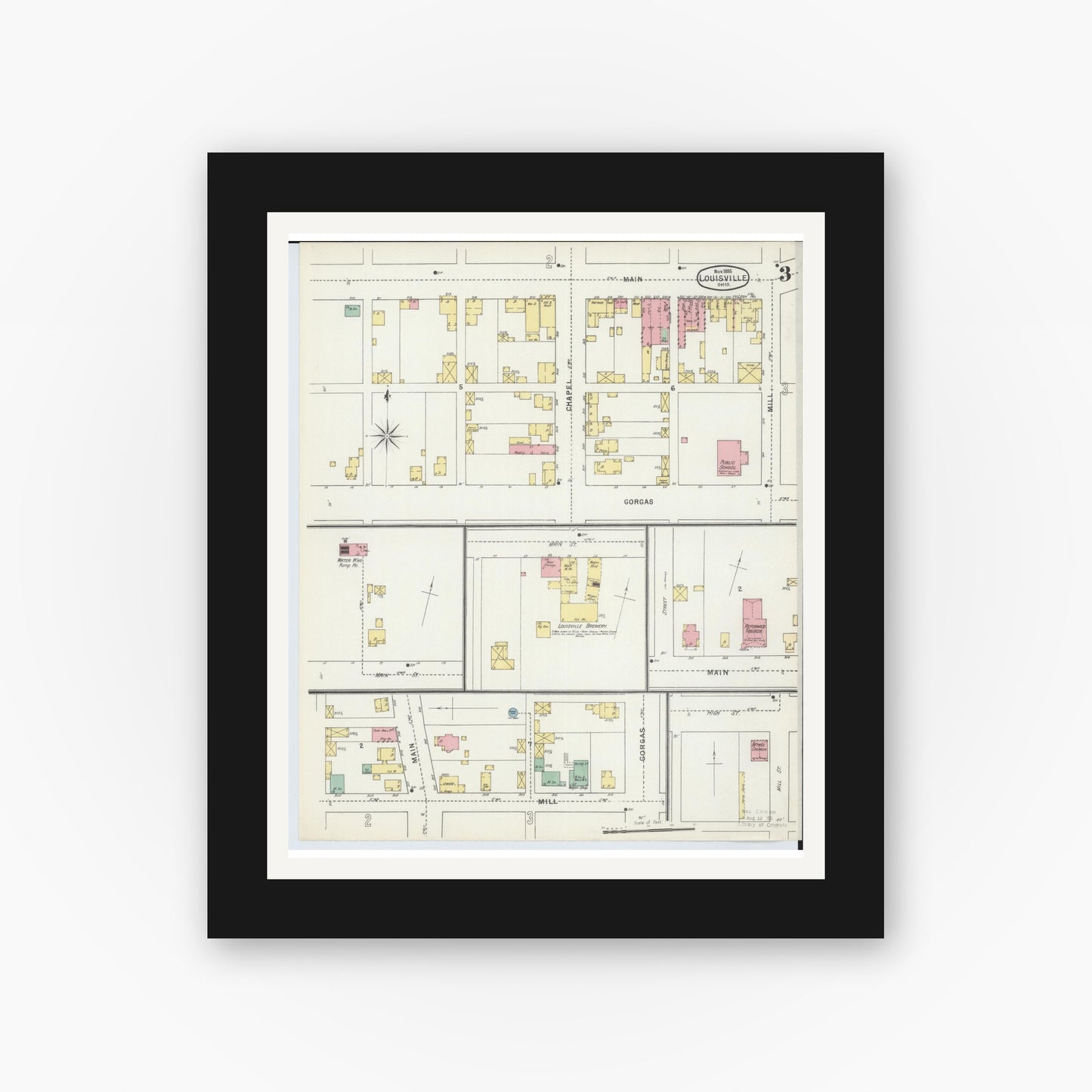 Old map wall art mockup — black gallery frame with white mat — Sanborn Fire Insurance Map from Louisville, Stark County, Ohio (1895), Sheet #0003