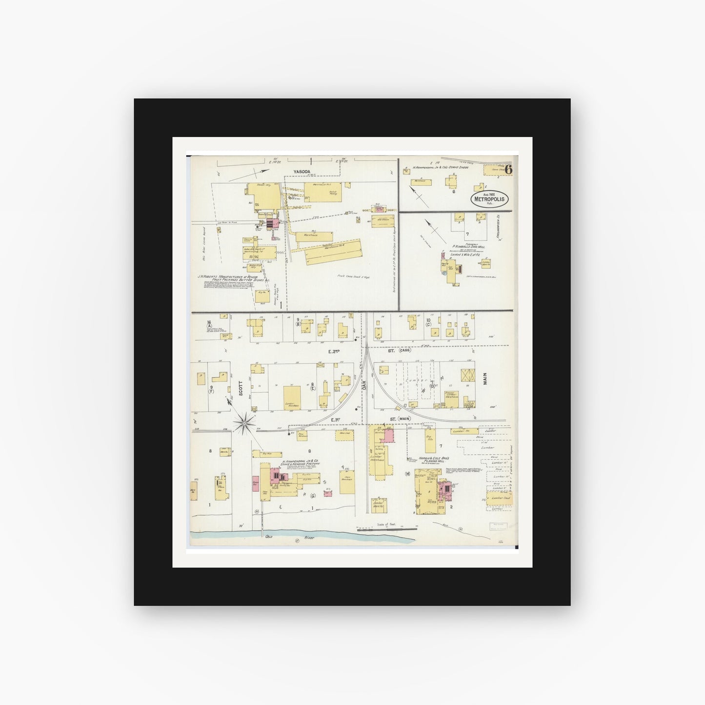 Old map wall art mockup — black gallery frame with white mat — Sanborn Fire Insurance Map from Metropolis, Massac County, Illinois (1902), Sheet #0006