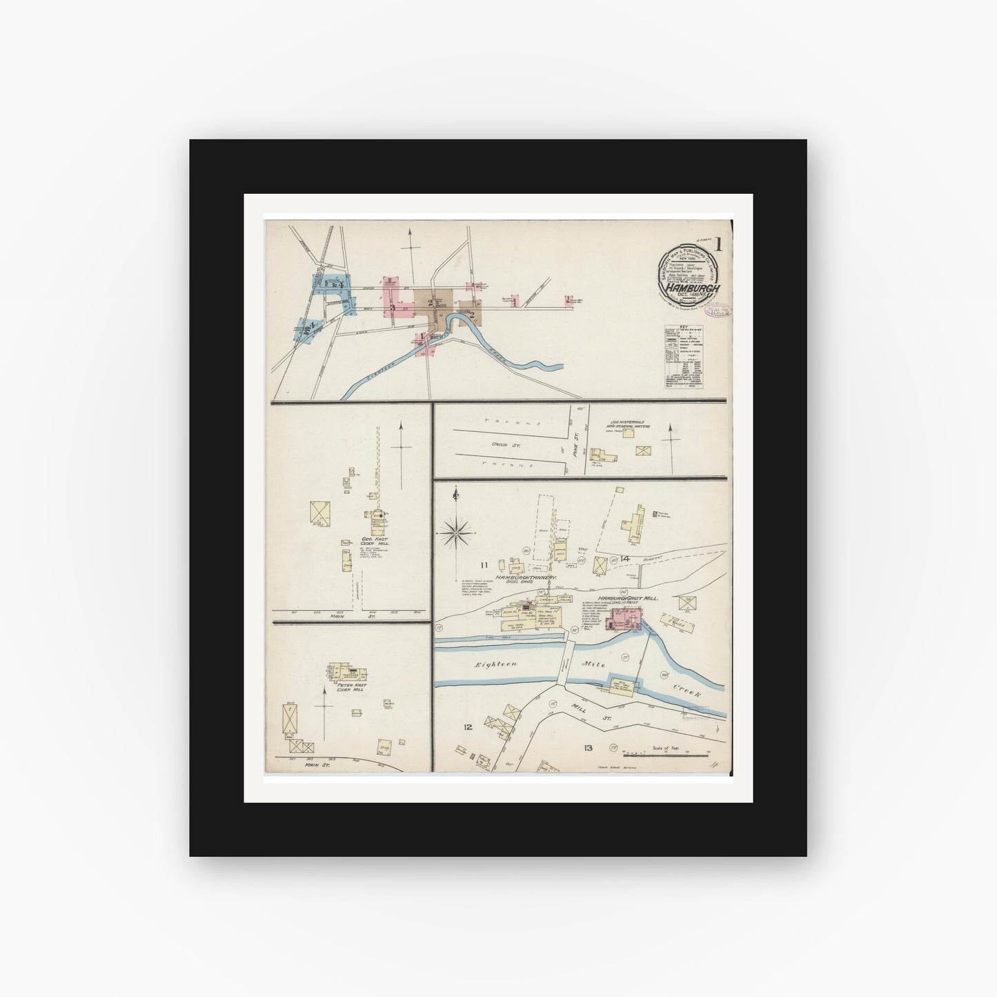 Old map wall art mockup — black gallery frame with white mat — Sanborn Fire Insurance Map from Hamburg, Erie County, New York (1885), Sheet #0001