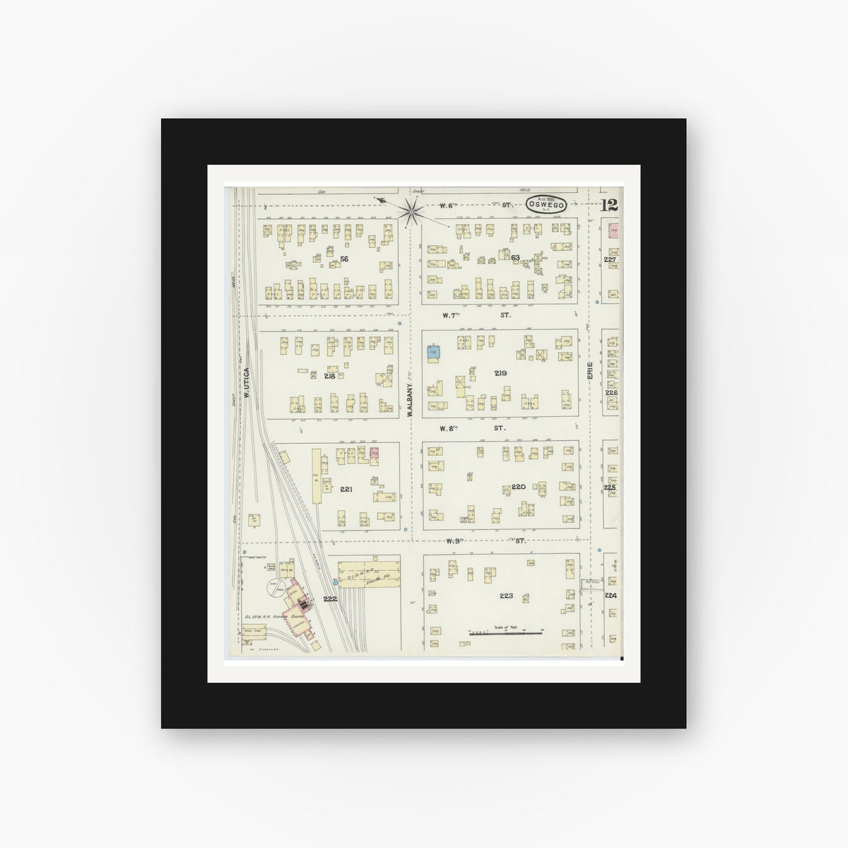 Old map wall art mockup — black gallery frame with white mat — Sanborn Fire Insurance Map from Oswego, Oswego County, New York (1890), Sheet #0012