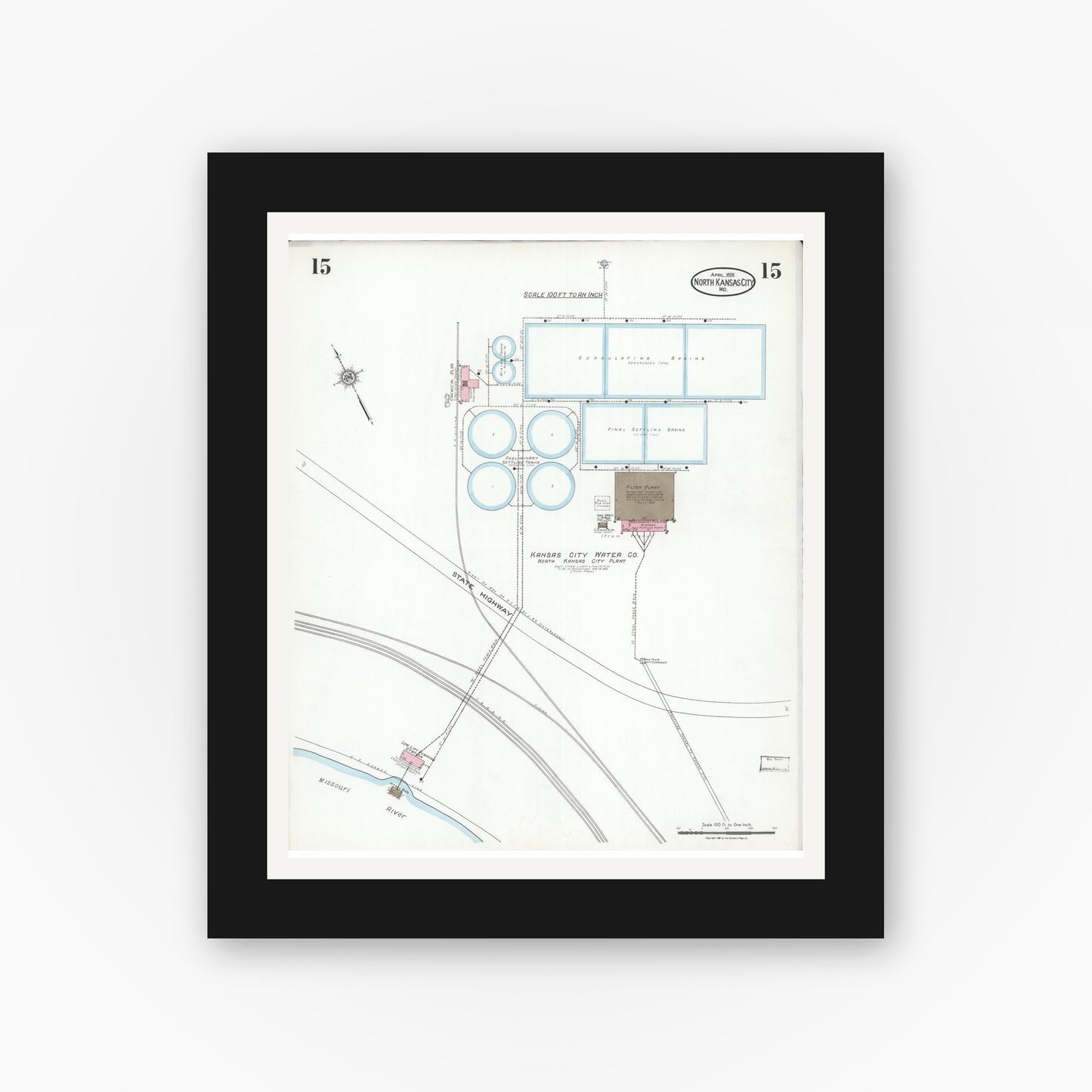 Old map wall art mockup — black gallery frame with white mat — Sanborn Fire Insurance Map from North Kansas City, Clay County, Missouri (1926), Sheet #0015