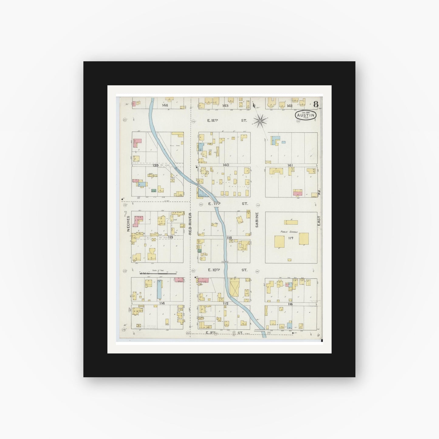 Old map wall art mockup — black gallery frame with white mat — Sanborn Fire Insurance Map from Austin, Travis County, Texas (1894), Sheet #0008