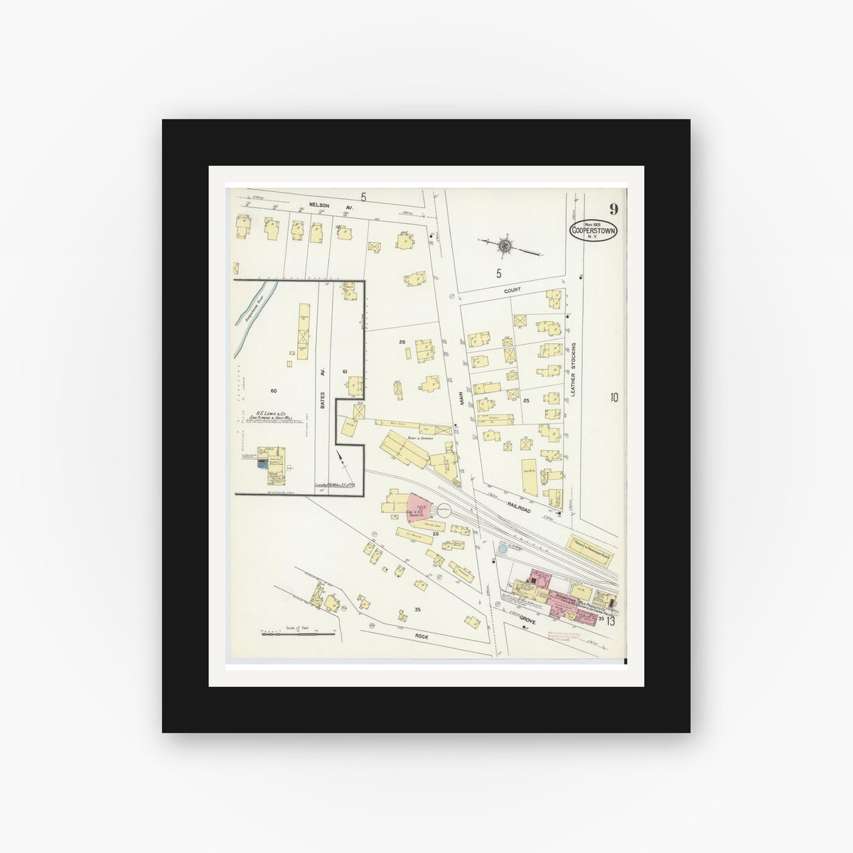 Old map wall art mockup — black gallery frame with white mat — Sanborn Fire Insurance Map from Cooperstown, Otsego County, New York (1909), Sheet #0009
