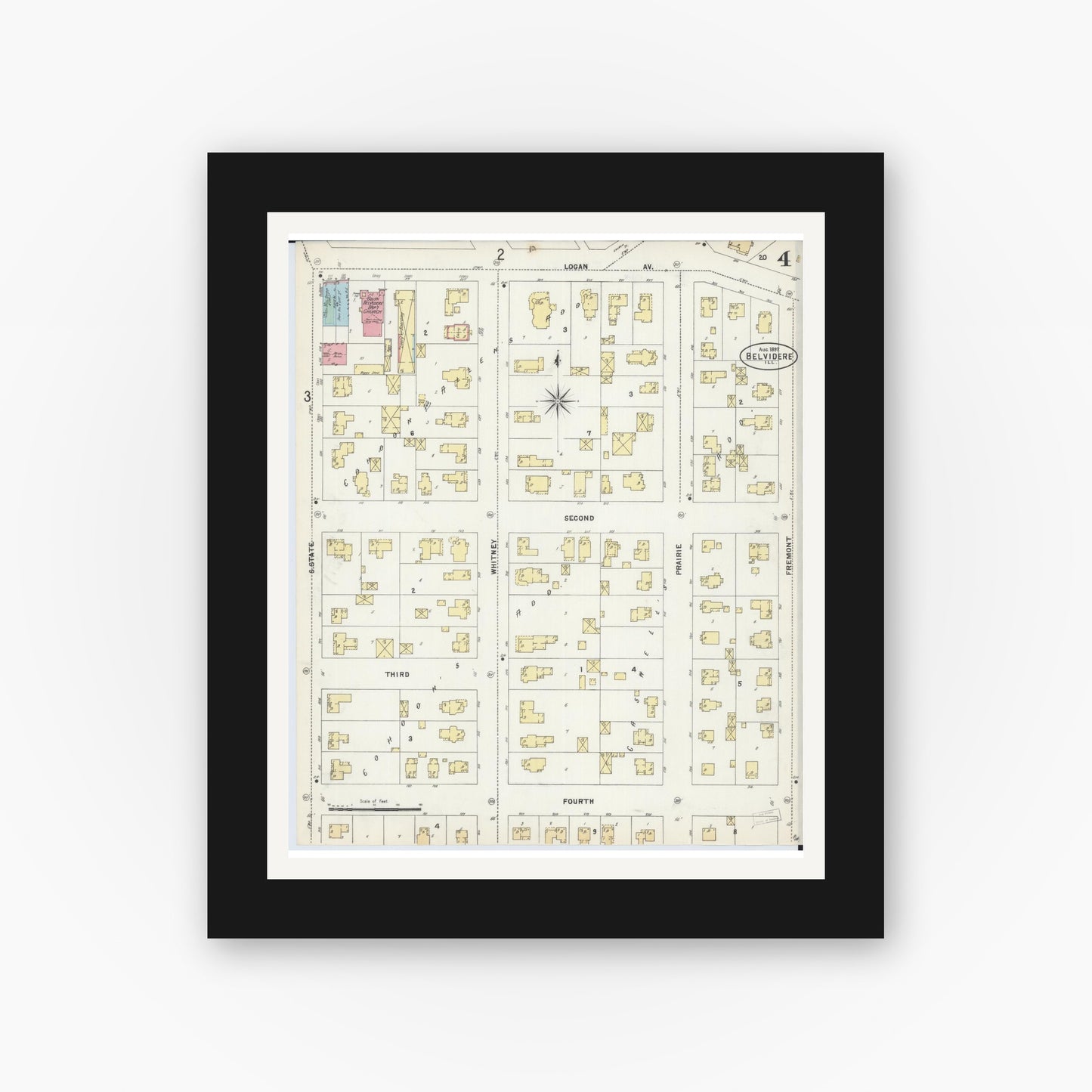 Old map wall art mockup — black gallery frame with white mat — Sanborn Fire Insurance Map from Belvidere, Boone County, Illinois (1897), Sheet #0004