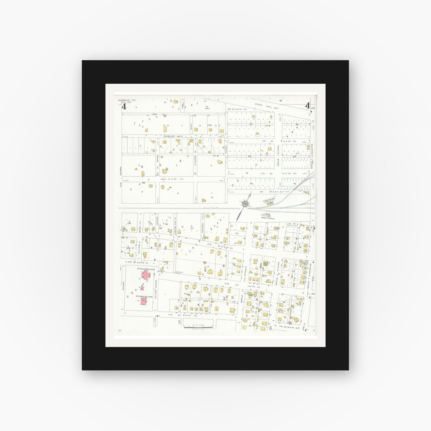 Old map wall art mockup — black gallery frame with white mat — Sanborn Fire Insurance Map from McGregor, McLennan County, Texas (1932), Sheet #0004