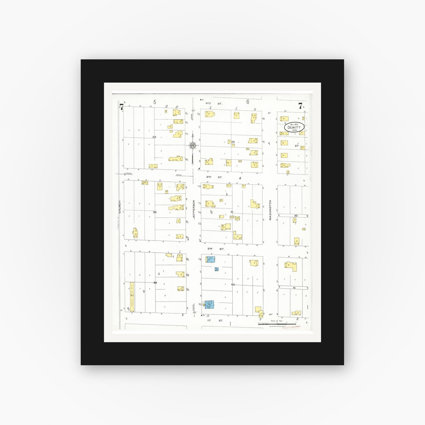 Old map wall art mockup — black gallery frame with white mat — Sanborn Fire Insurance Map from De Witt, Clinton County, Iowa (1926), Sheet #0007