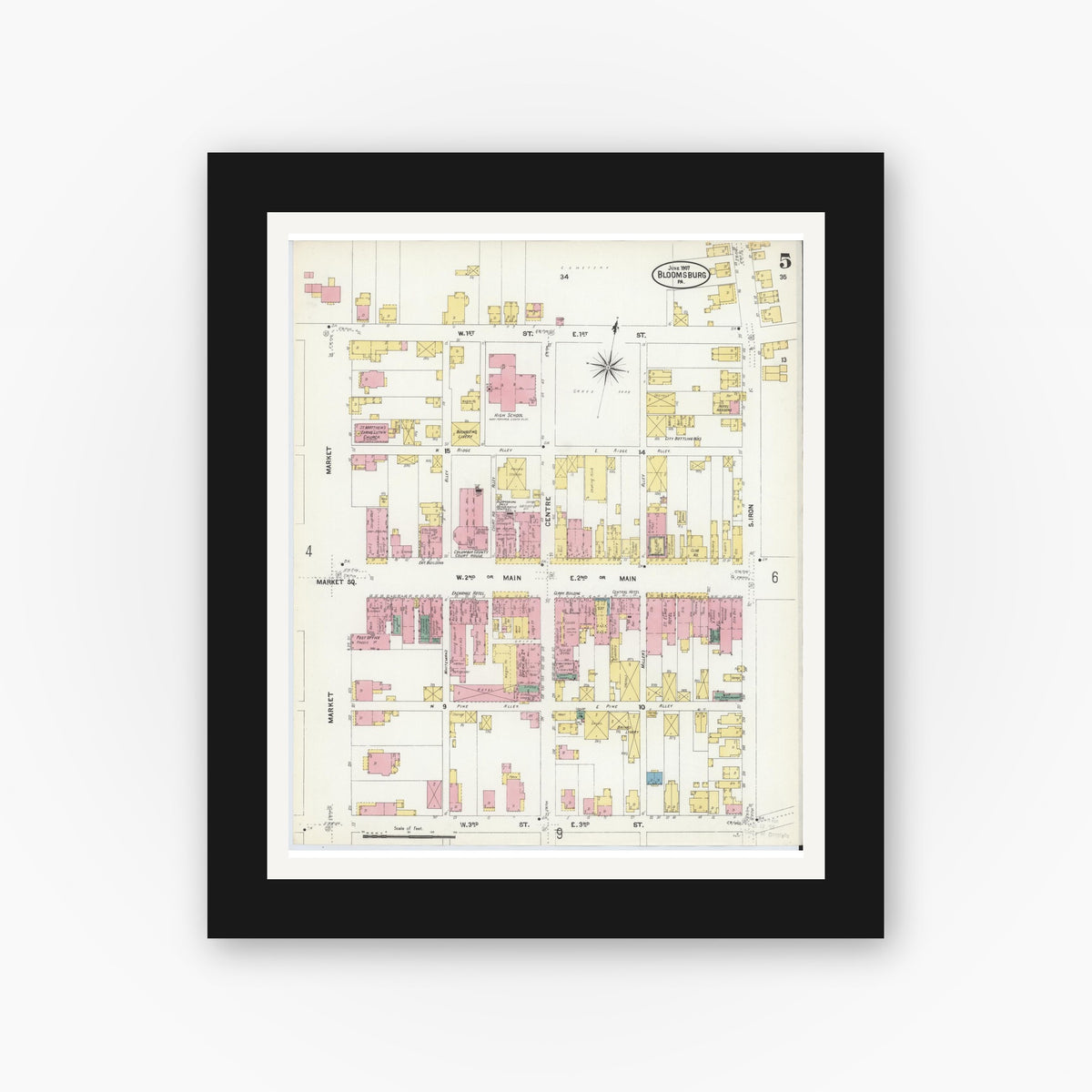Old map wall art mockup β black gallery frame with white mat β Sanborn Fire Insurance Map from Bloomsburg, Columbia County, Pennsylvania (1907), Sheet #0005