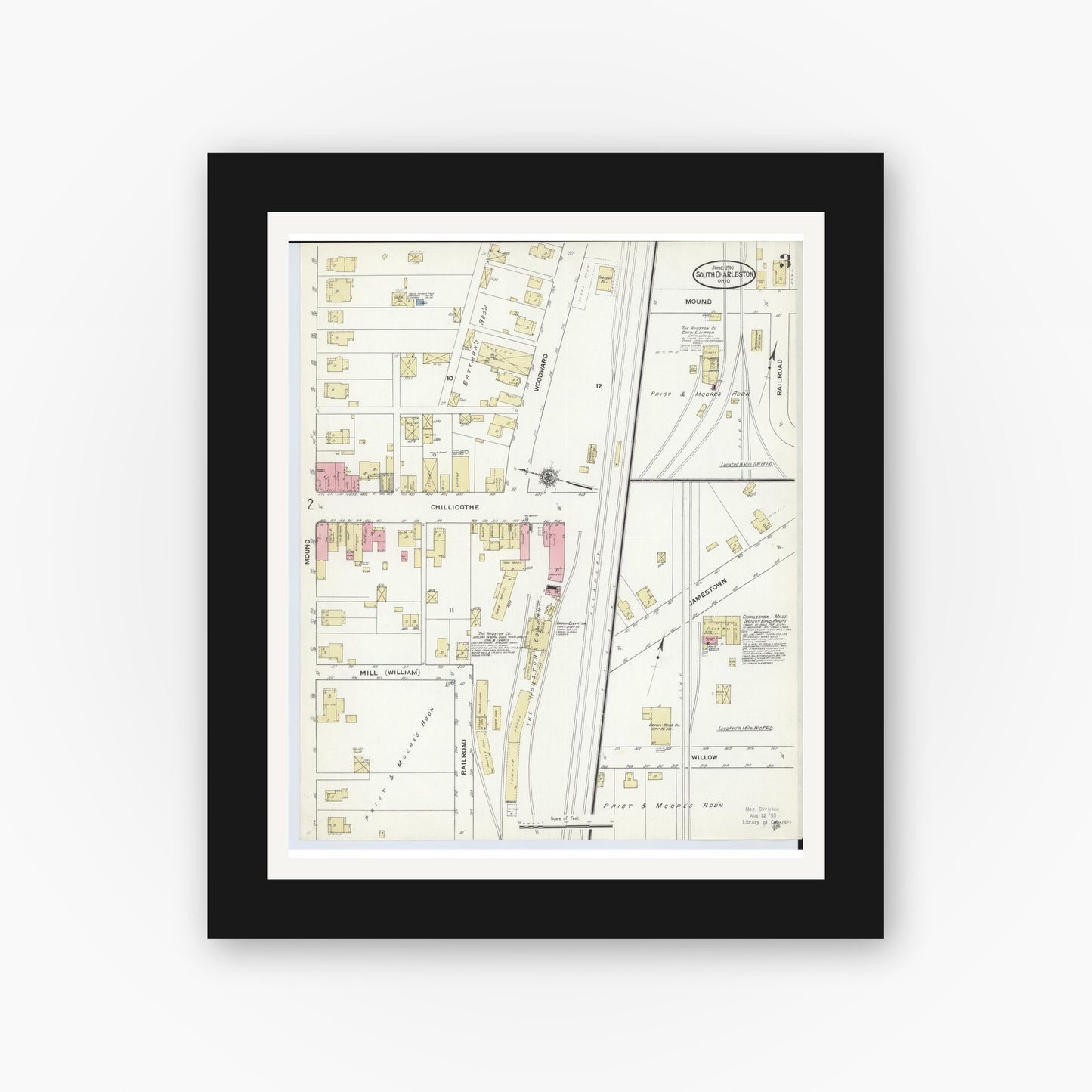 Old map wall art mockup — black gallery frame with white mat — Sanborn Fire Insurance Map from South Charleston, Clark County, Ohio (1910), Sheet #0003