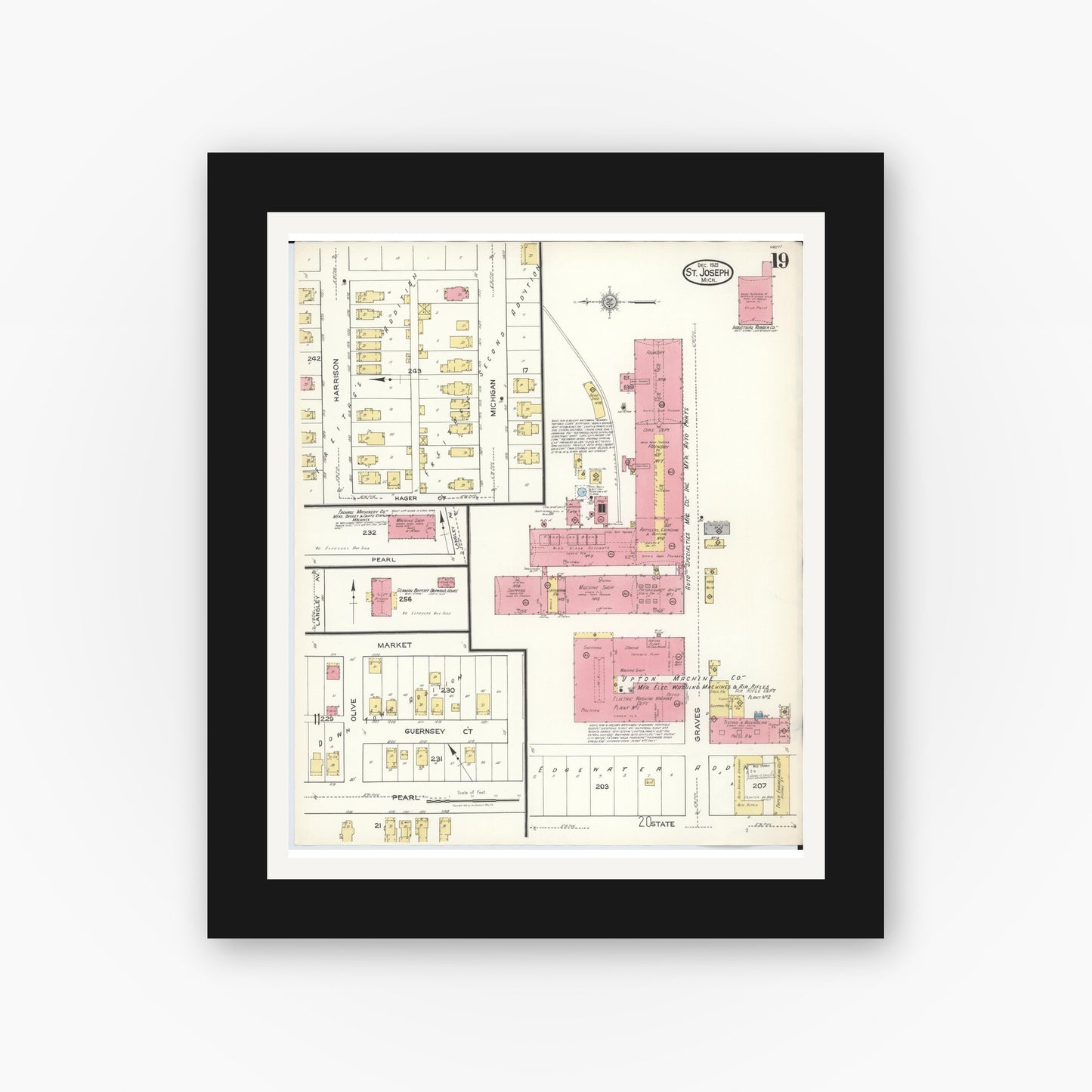 Old map wall art mockup — black gallery frame with white mat — Sanborn Fire Insurance Map from Saint Joseph, Berrien County, Michigan (1921), Sheet #0019