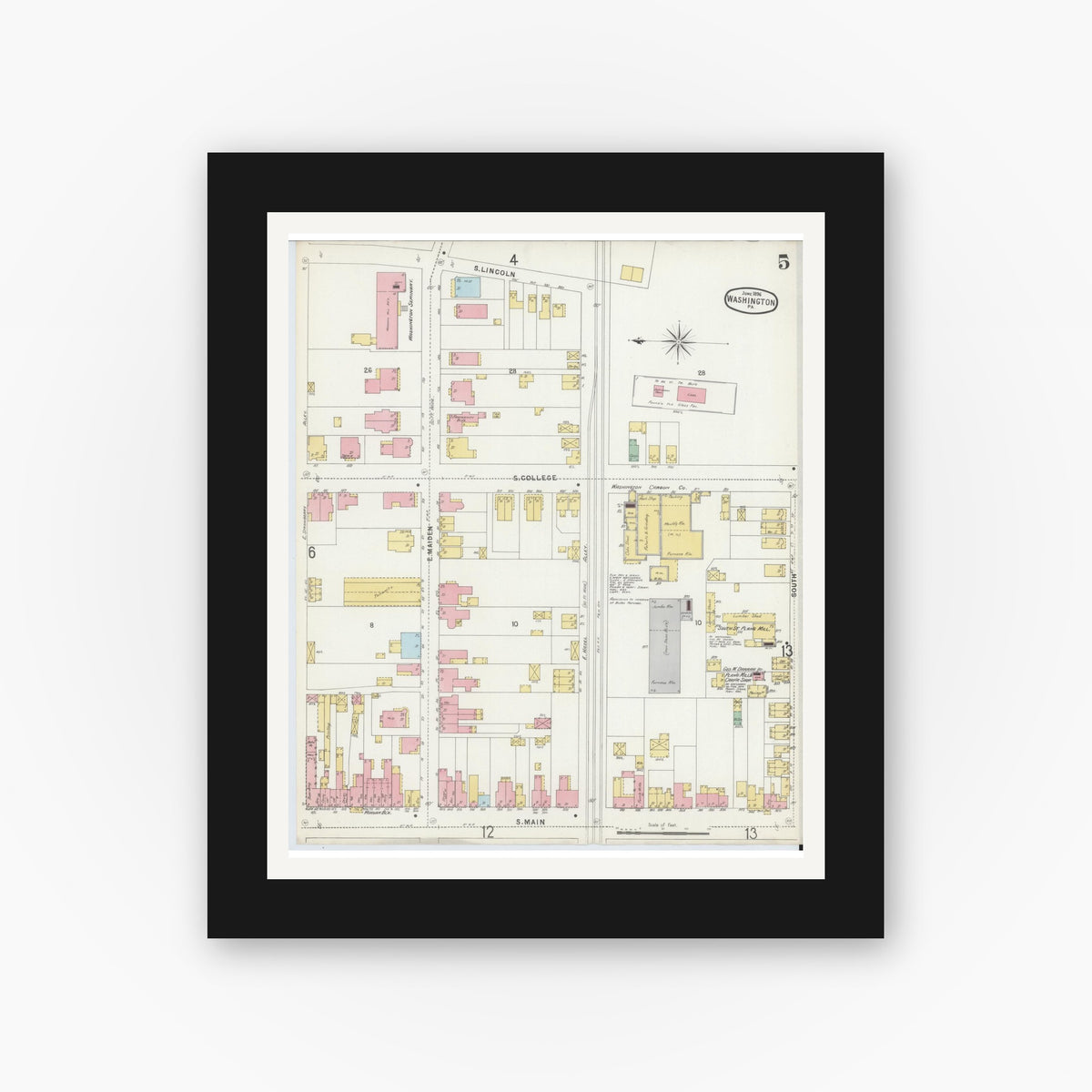 Old map wall art mockup — black gallery frame with white mat — Sanborn Fire Insurance Map from Washington, Washington County, Pennsylvania (1896), Sheet #0005