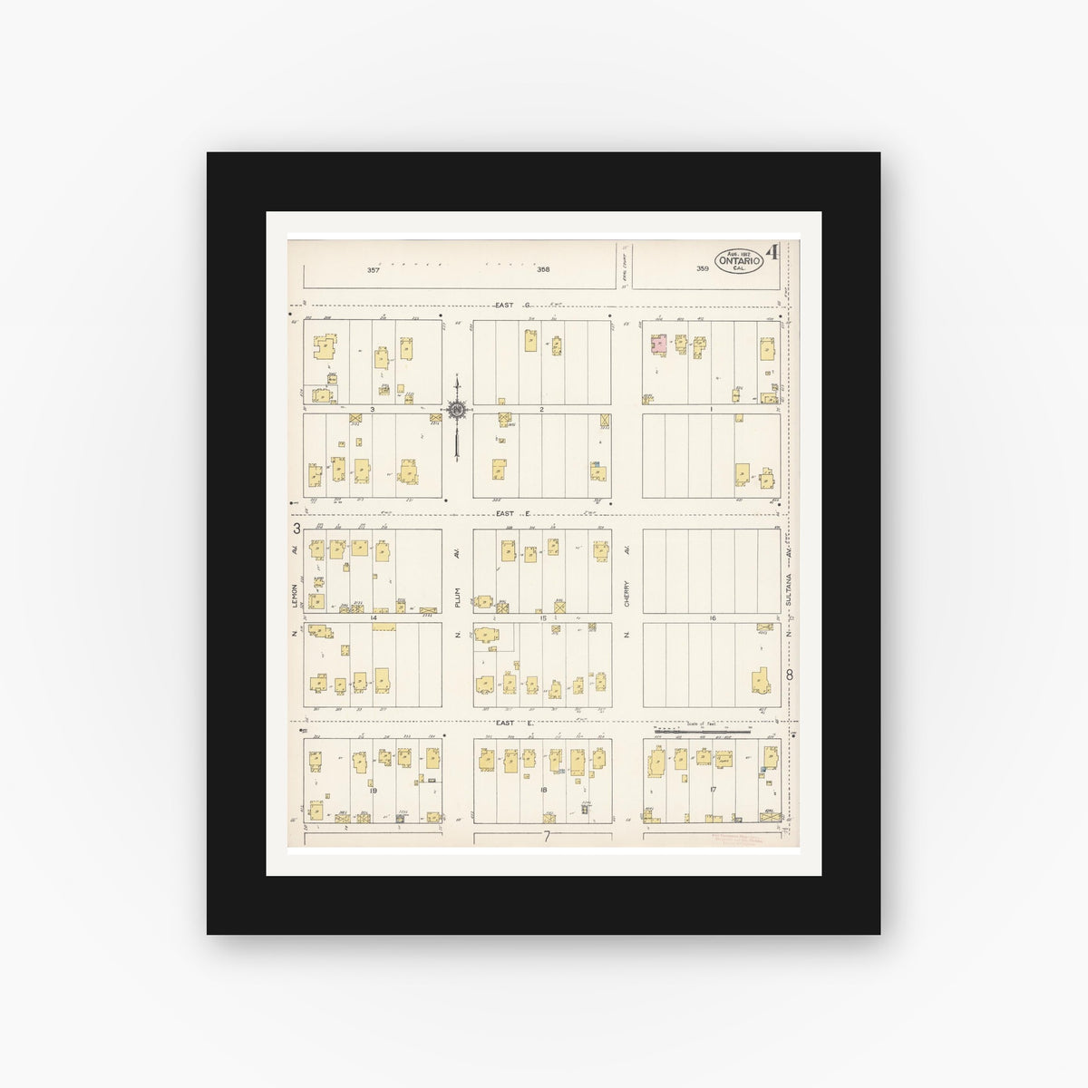 Old map wall art mockup — black gallery frame with white mat — Sanborn Fire Insurance Map from Ontario, San Bernardino County, California (1912), Sheet #0004