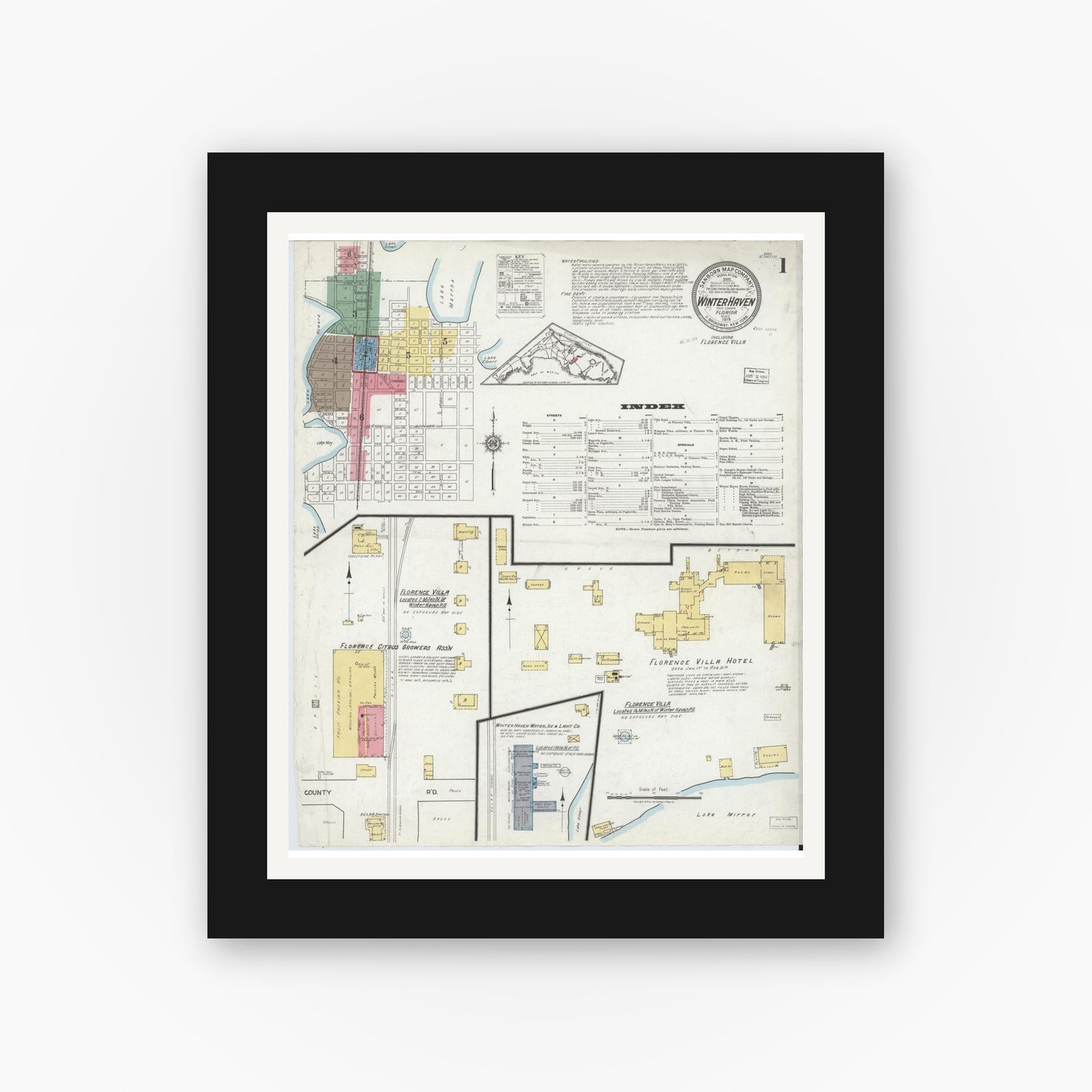 Old map wall art mockup — black gallery frame with white mat — Sanborn Fire Insurance Map from Winter Haven, Polk County, Florida (1919) - Complete Map Set