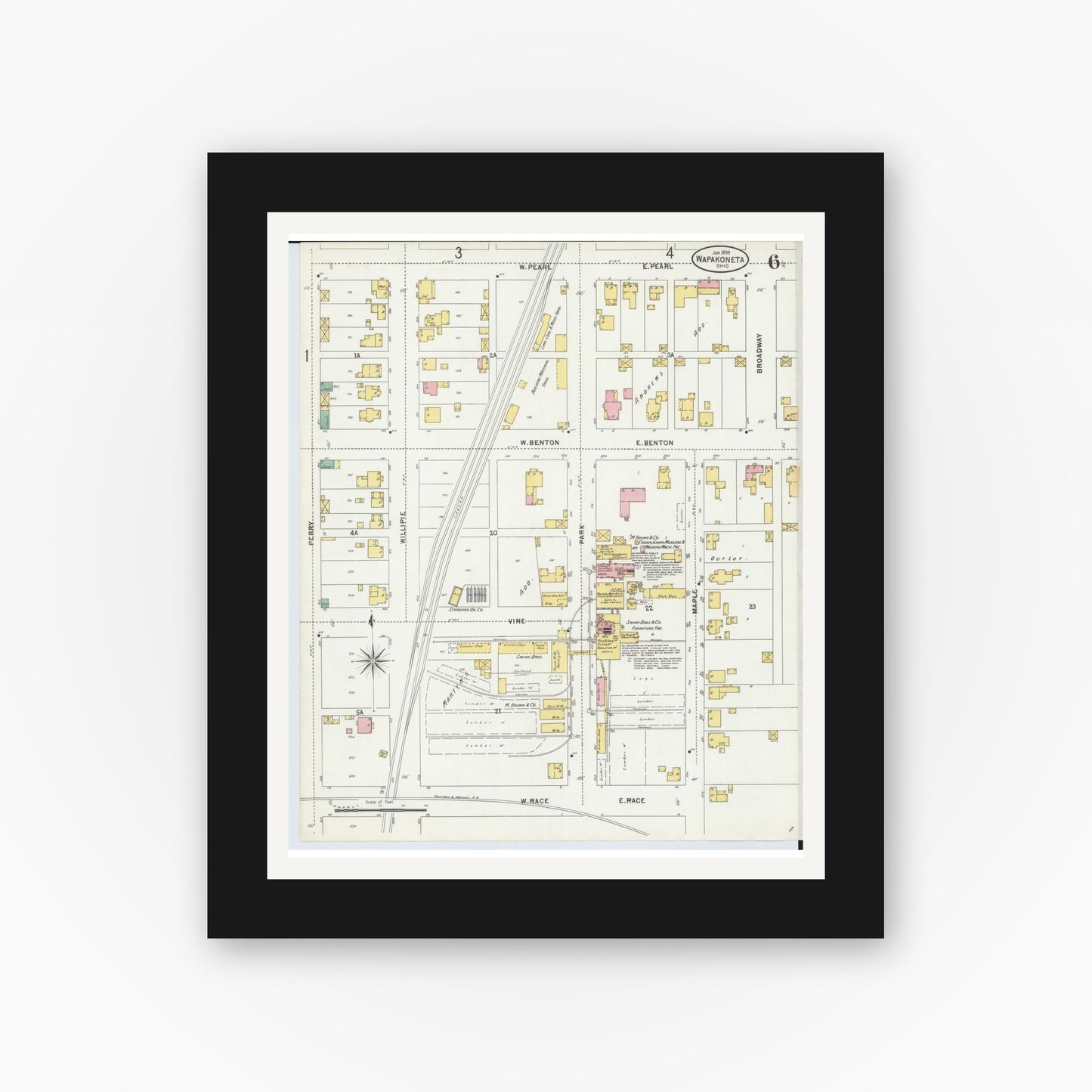 Old map wall art mockup — black gallery frame with white mat — Sanborn Fire Insurance Map from Wapakoneta, Auglaize County, Ohio (1899), Sheet #0006