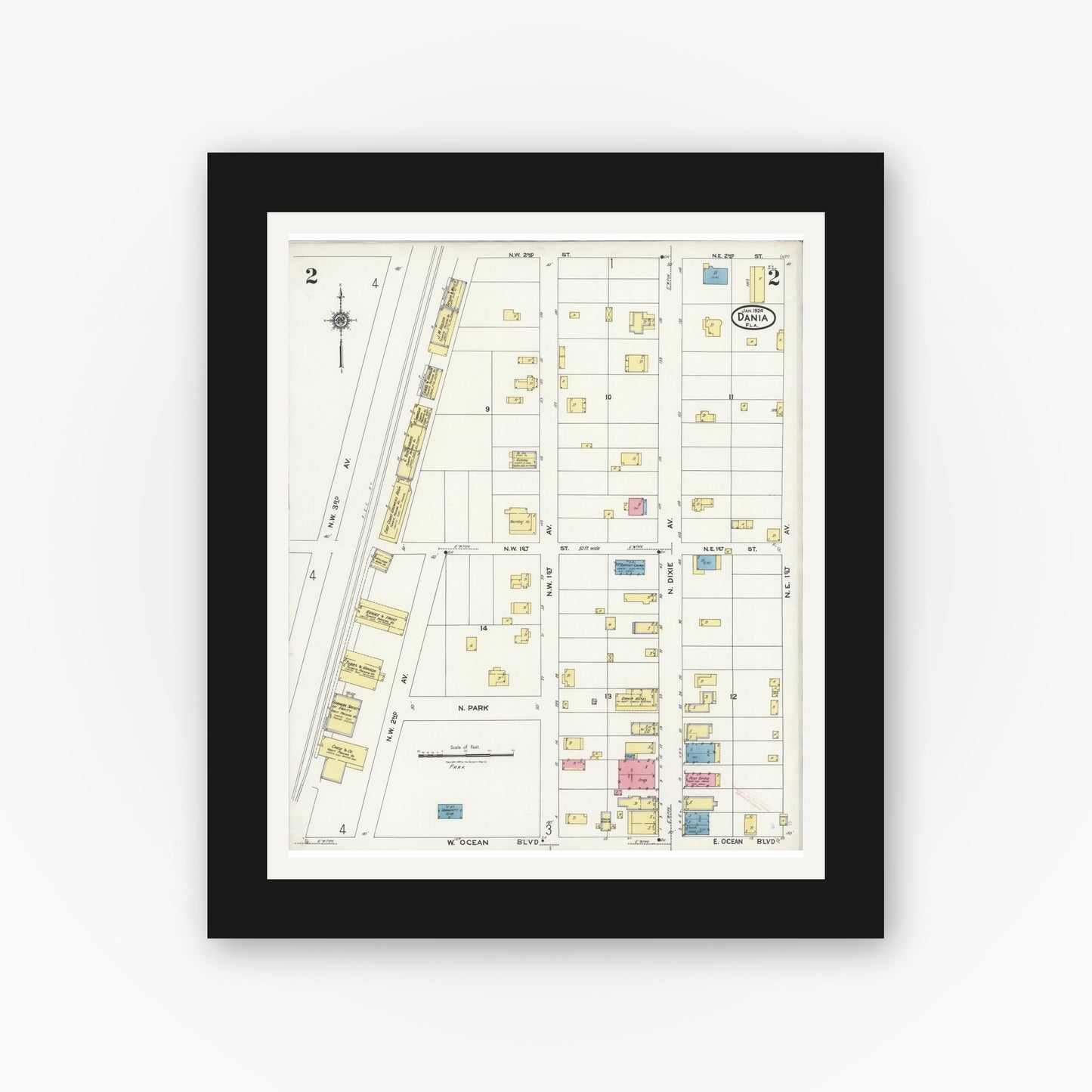 Old map wall art mockup — black gallery frame with white mat — Sanborn Fire Insurance Map from Dania, Broward County, Florida (1924), Sheet #0002