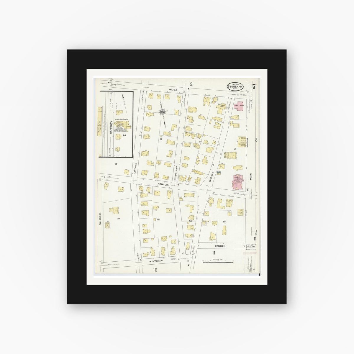 Old map wall art mockup — black gallery frame with white mat — Sanborn Fire Insurance Map from Stoneham, Middlesex County, Massachusetts (1909), Sheet #0007