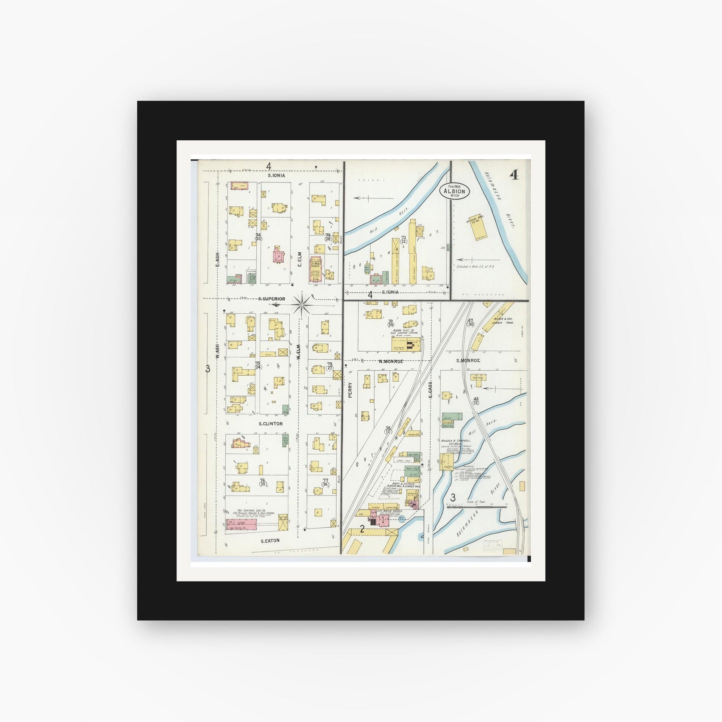 Old map wall art mockup — black gallery frame with white mat — Sanborn Fire Insurance Map from Albion, Calhoun County, Michigan (1900), Sheet #0004