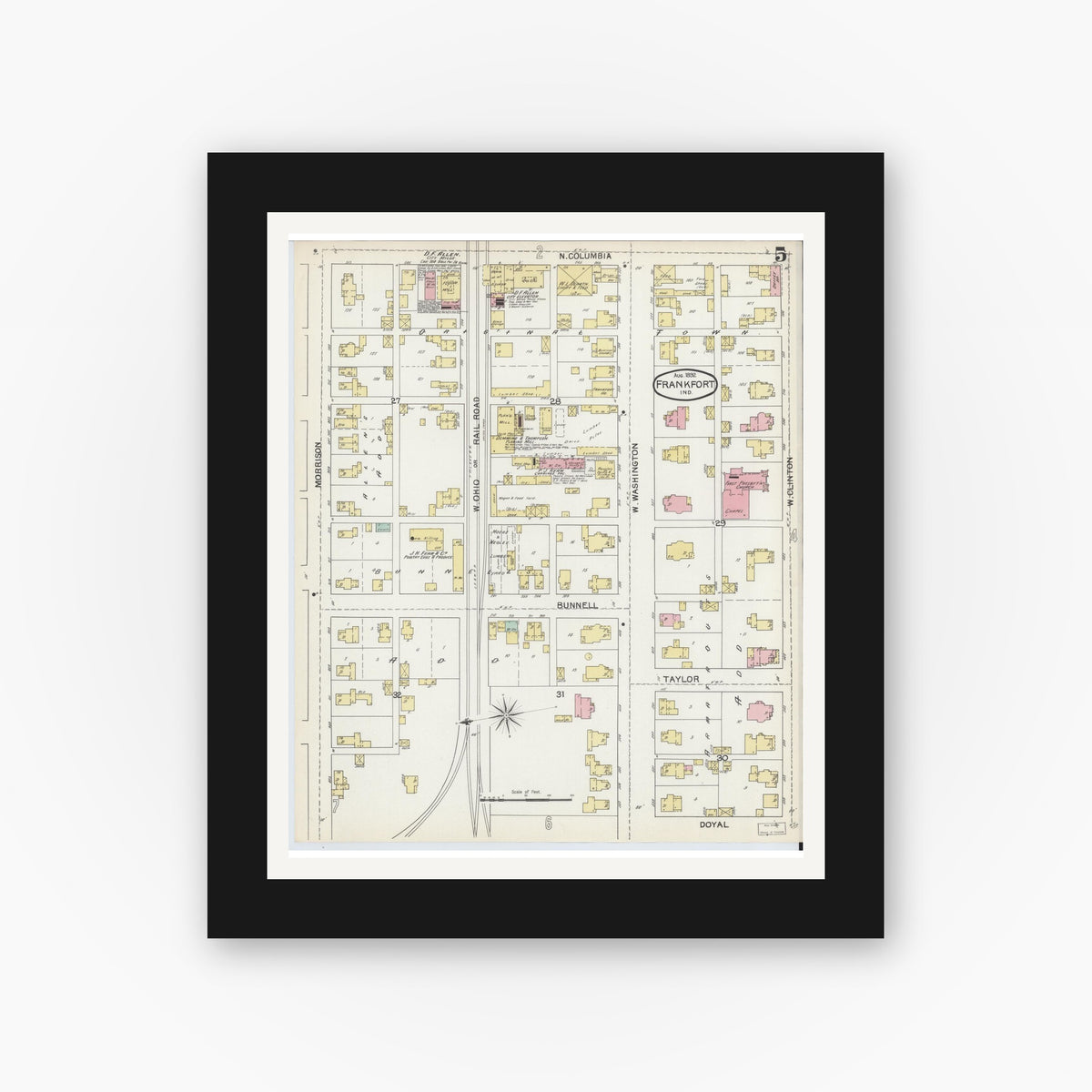 Old map wall art mockup — black gallery frame with white mat — Sanborn Fire Insurance Map from Frankfort, Clinton County, Indiana (1892), Sheet #0005