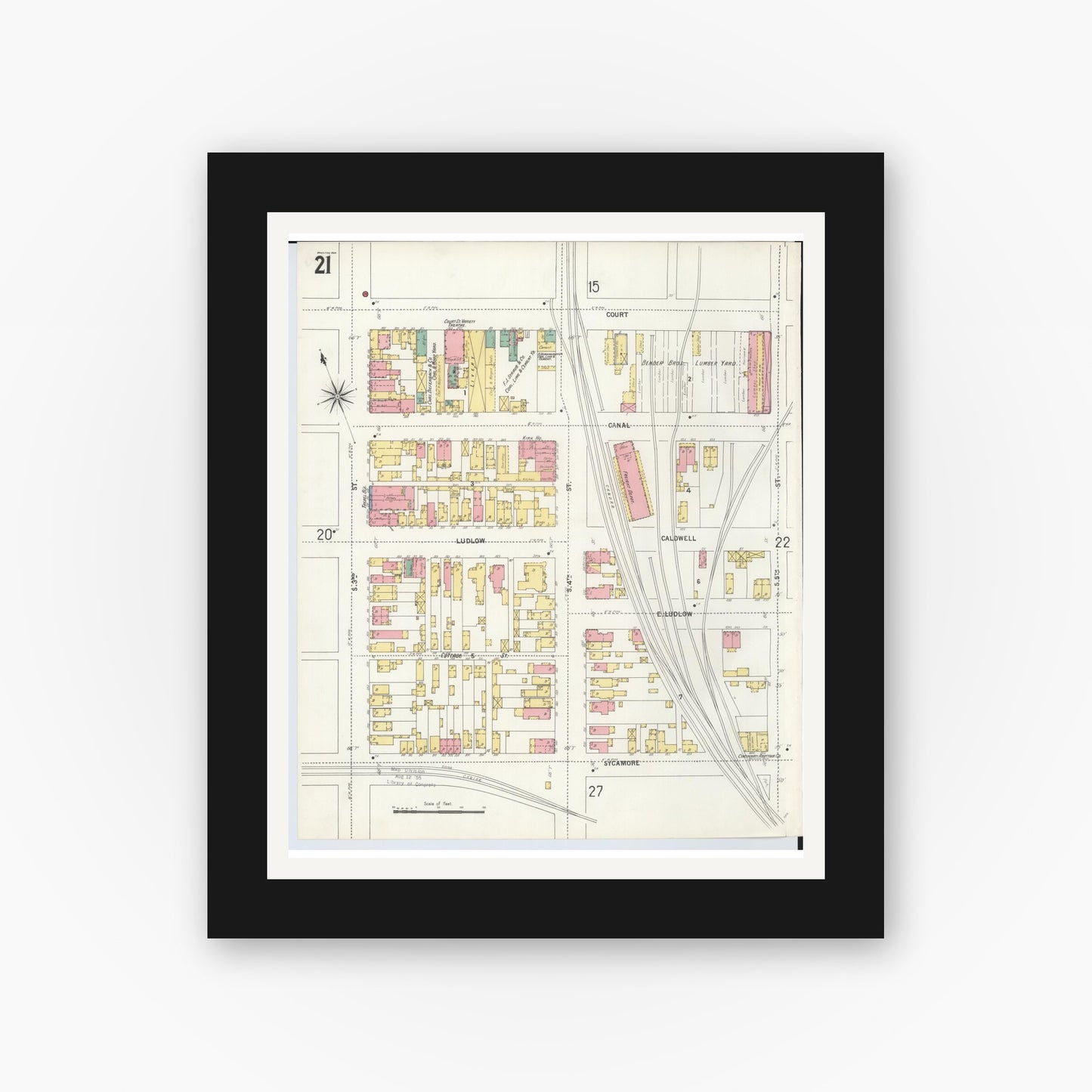 Old map wall art mockup — black gallery frame with white mat — Sanborn Fire Insurance Map from Hamilton, Butler County, Ohio (1899), Sheet #0021