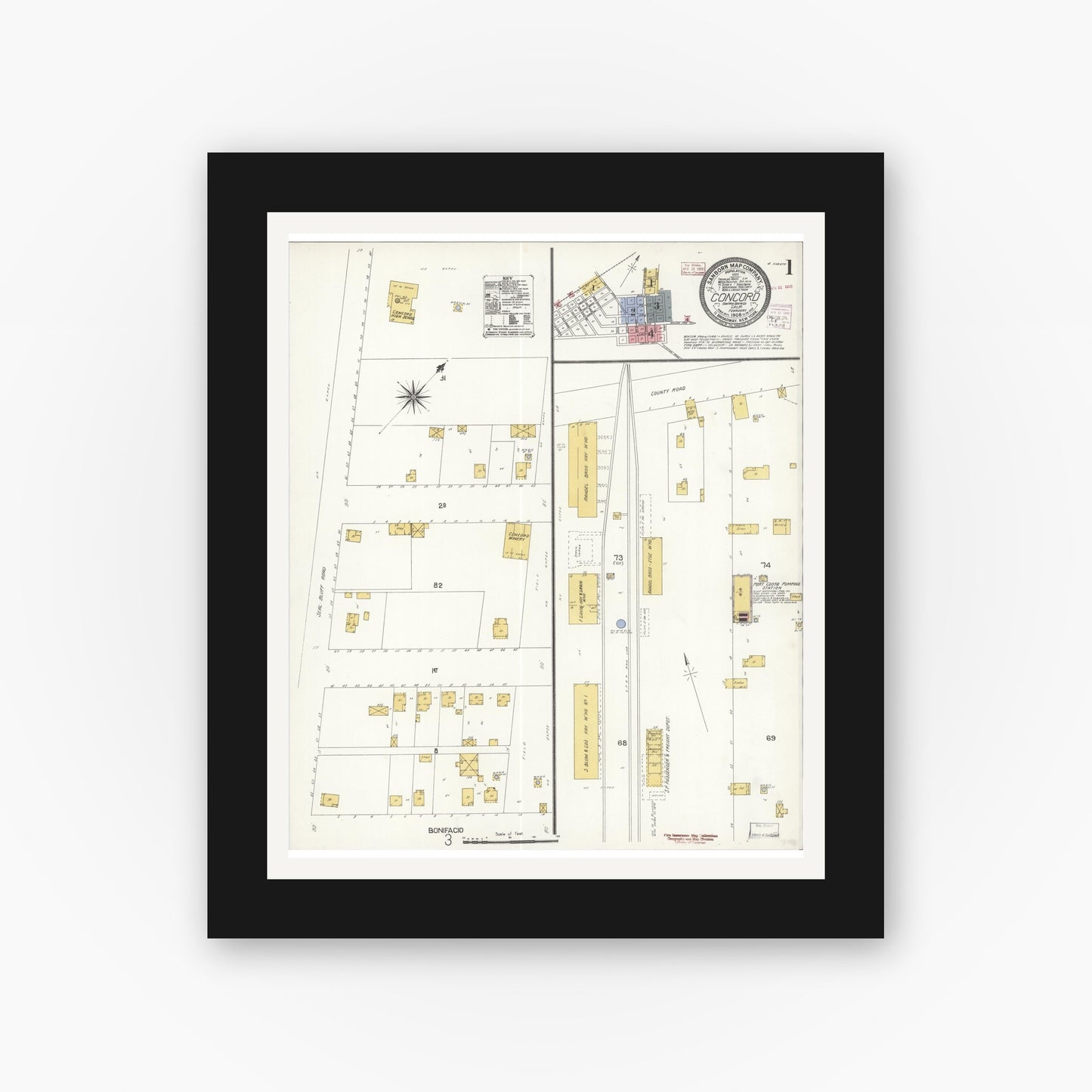 Old map wall art mockup — black gallery frame with white mat — Sanborn Fire Insurance Map from Concord, Contra Costa County, California (1908) - Complete Map Set
