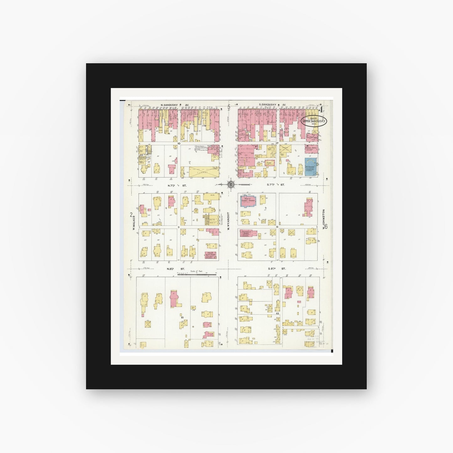 Old map wall art mockup — black gallery frame with white mat — Sanborn Fire Insurance Map from Upper Sandusky, Wyandot County, Ohio (1911), Sheet #0004