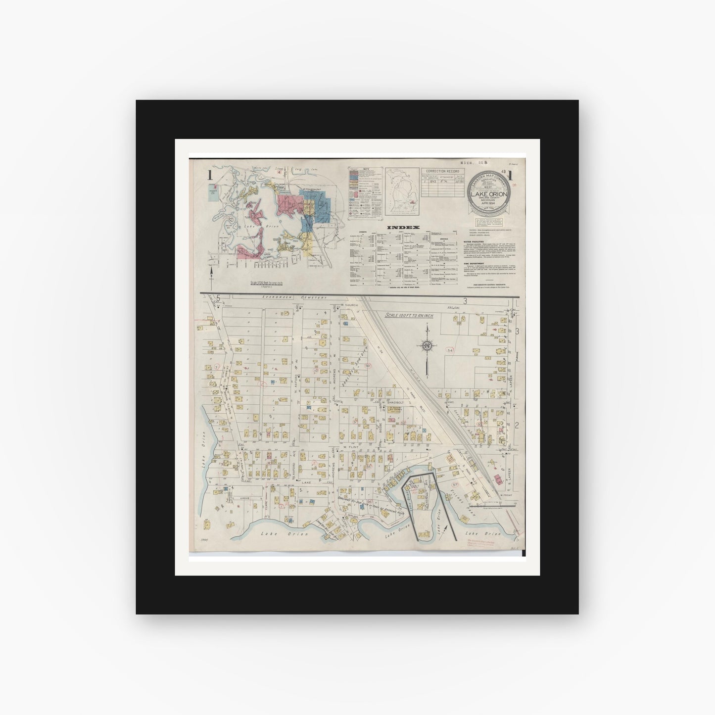 Old map wall art mockup — black gallery frame with white mat — Sanborn Fire Insurance Map from Lake Orion, Oakland County, Michigan (1943) - Complete Map Set