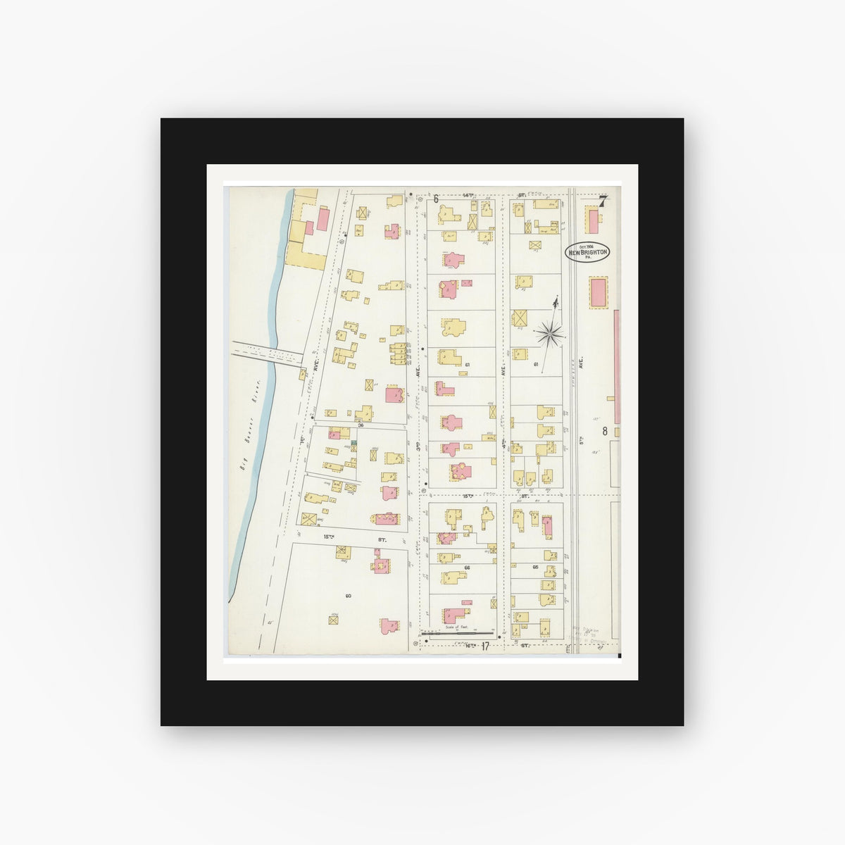 Old map wall art mockup — black gallery frame with white mat — Sanborn Fire Insurance Map from New Brighton, Beaver County, Pennsylvania (1906), Sheet #0007