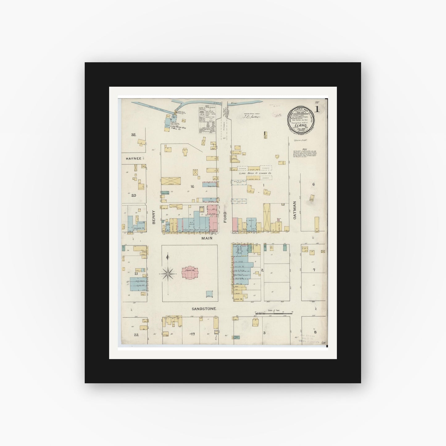 Old map wall art mockup — black gallery frame with white mat — Sanborn Fire Insurance Map from Llano, Llano County, Texas (1894), Sheet #0001