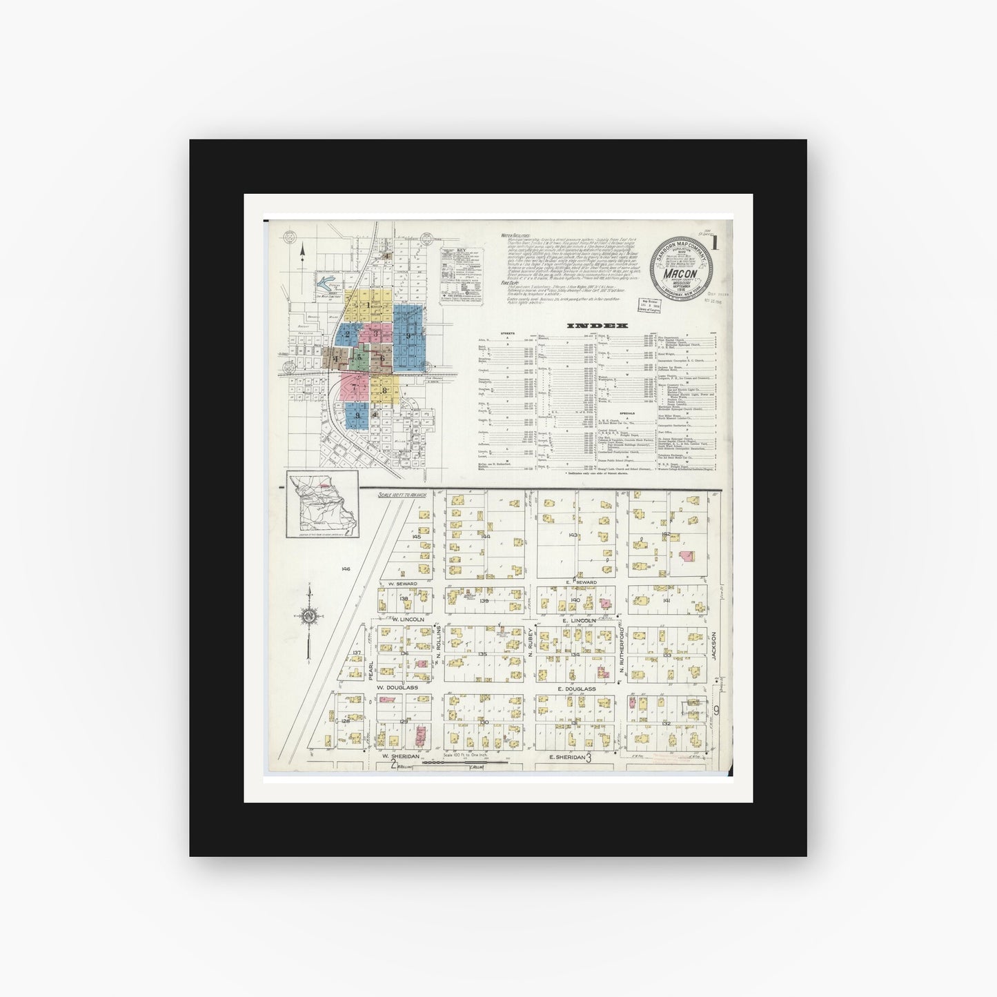 Old map wall art mockup — black gallery frame with white mat — Sanborn Fire Insurance Map from Macon, Macon County, Missouri (1916) - Complete Map Set