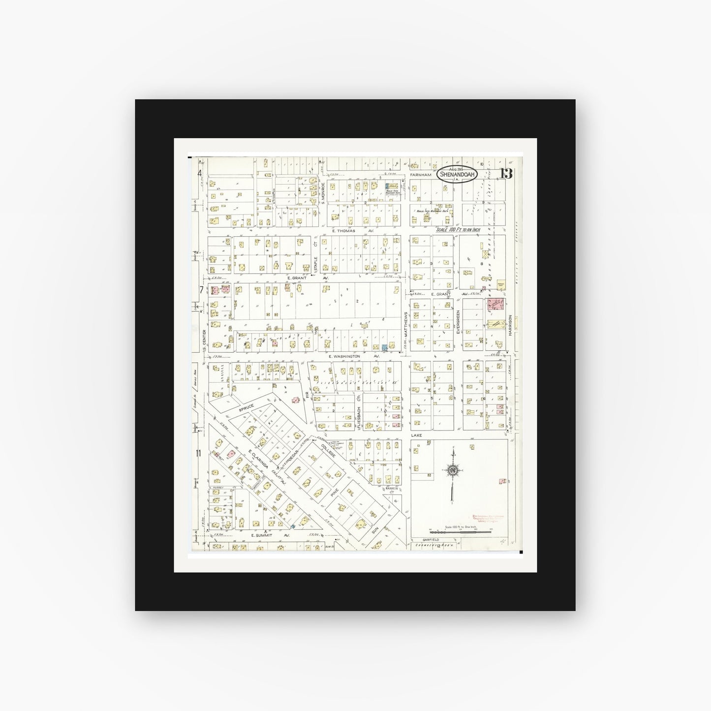 Old map wall art mockup — black gallery frame with white mat — Sanborn Fire Insurance Map from Shenandoah, Page County, Iowa (1914), Sheet #0013