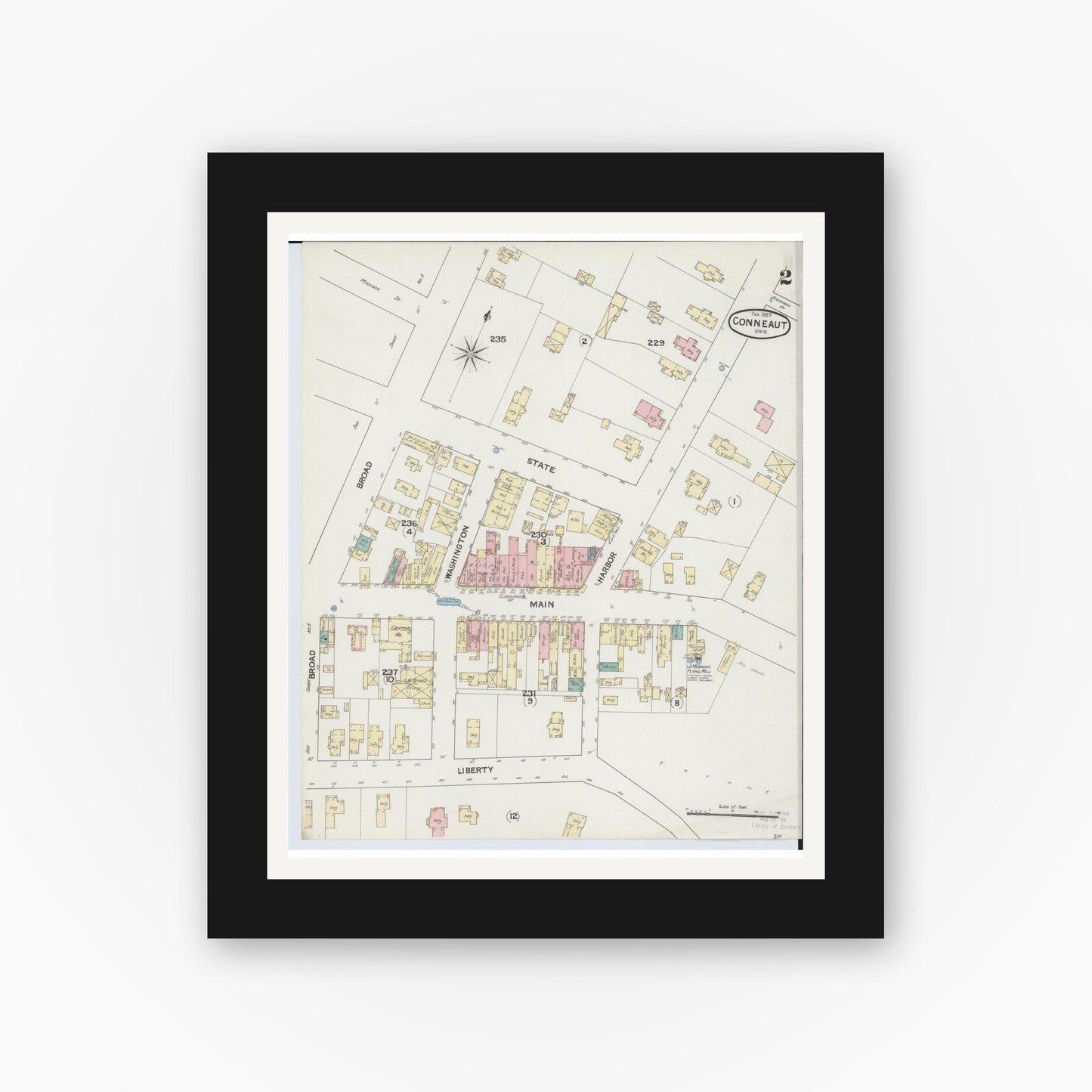 Old map wall art mockup — black gallery frame with white mat — Sanborn Fire Insurance Map from Conneaut, Ashtabula County, Ohio (1889), Sheet #0002