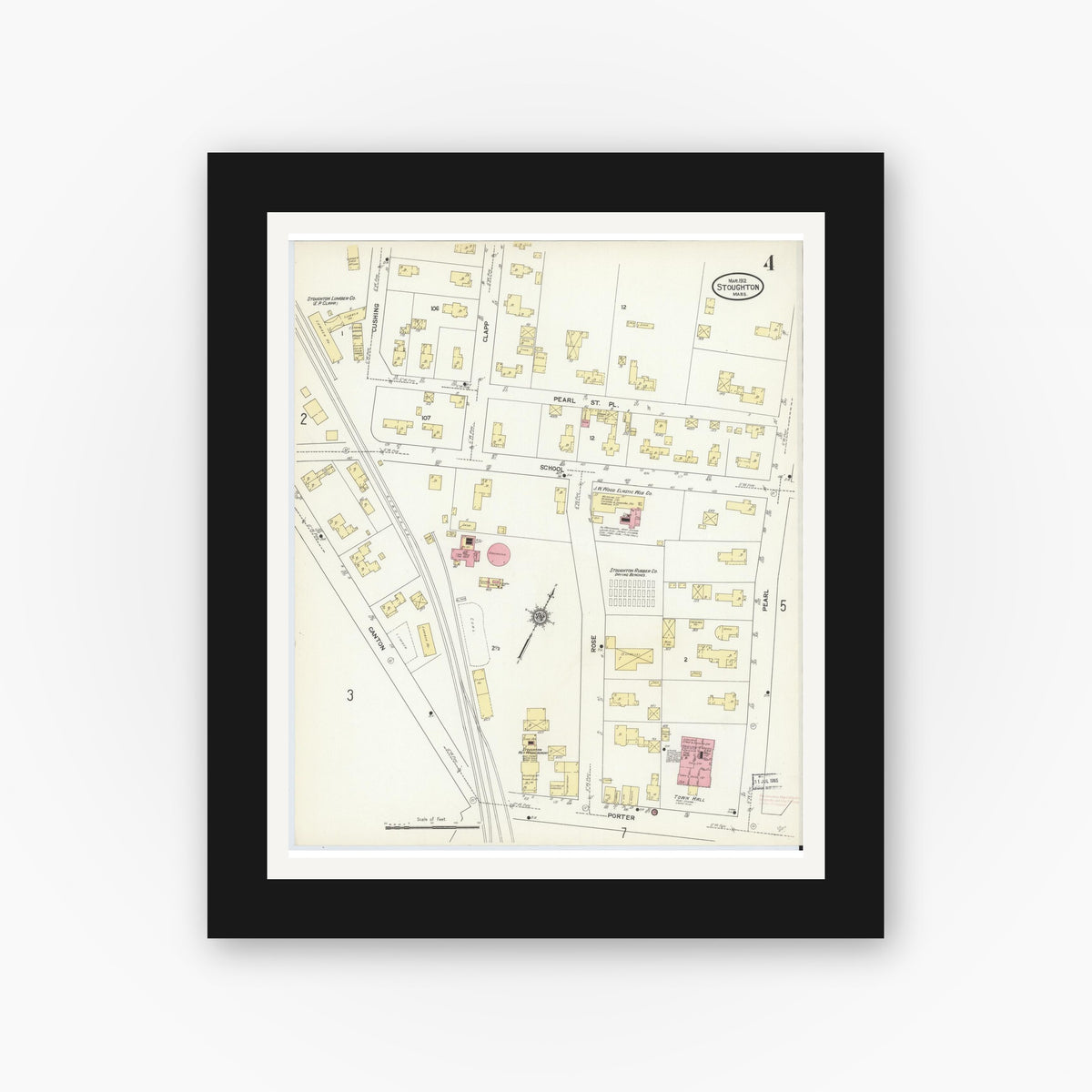 Old map wall art mockup — black gallery frame with white mat — Sanborn Fire Insurance Map from Stoughton, Norfolk County, Massachusetts (1912), Sheet #0004