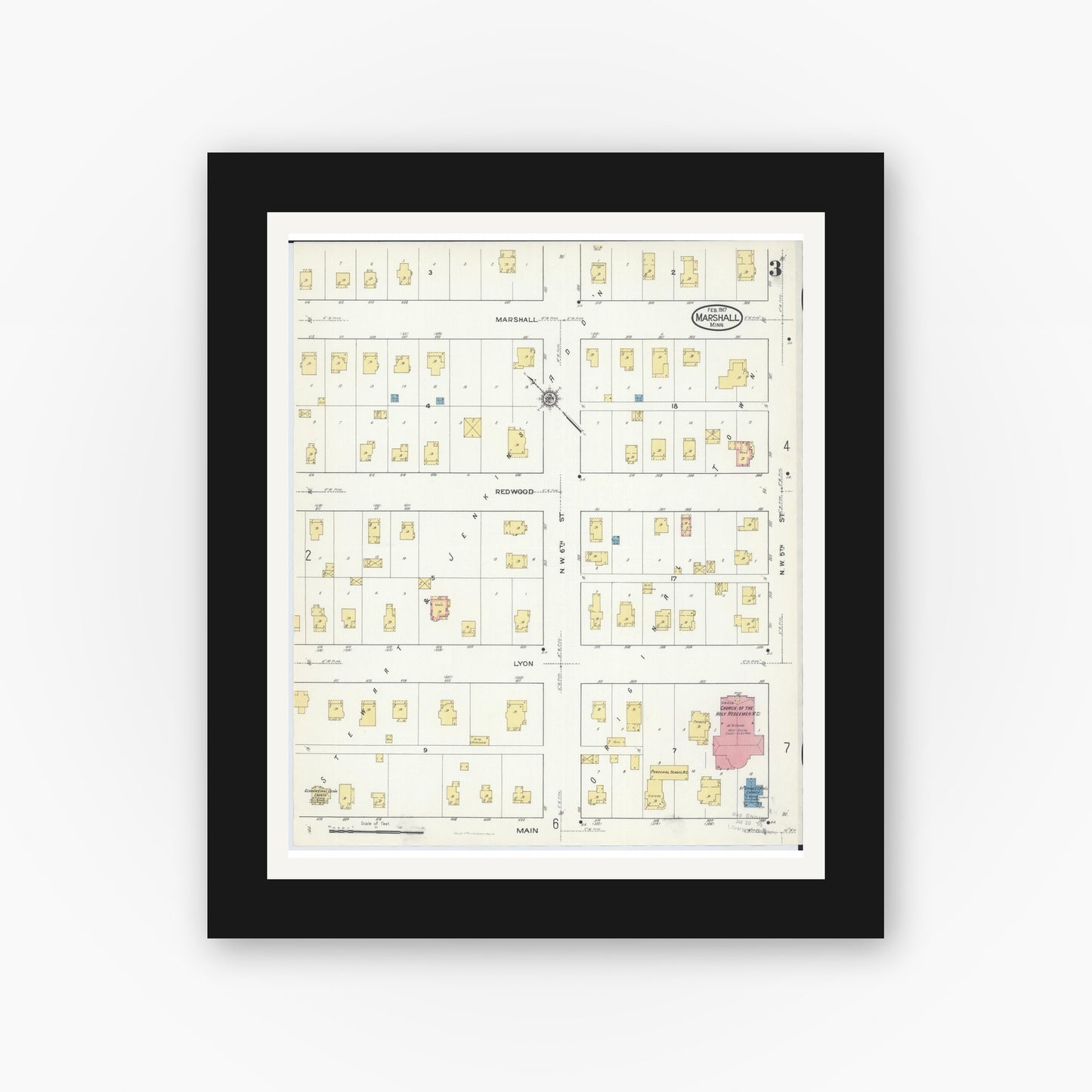 Old map wall art mockup — black gallery frame with white mat — Sanborn Fire Insurance Map from Marshall, Lyon County, Minnesota (1917), Sheet #0003