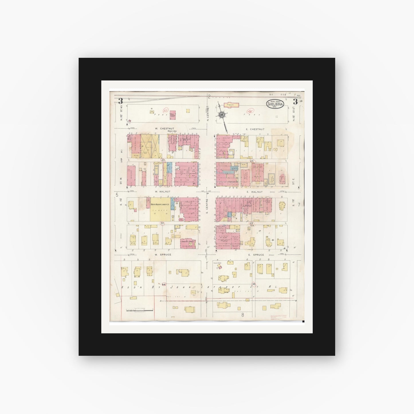 Old map wall art mockup — black gallery frame with white mat — Sanborn Fire Insurance Map from Shelbina, Shelby County, Missouri (1943), Sheet #0003