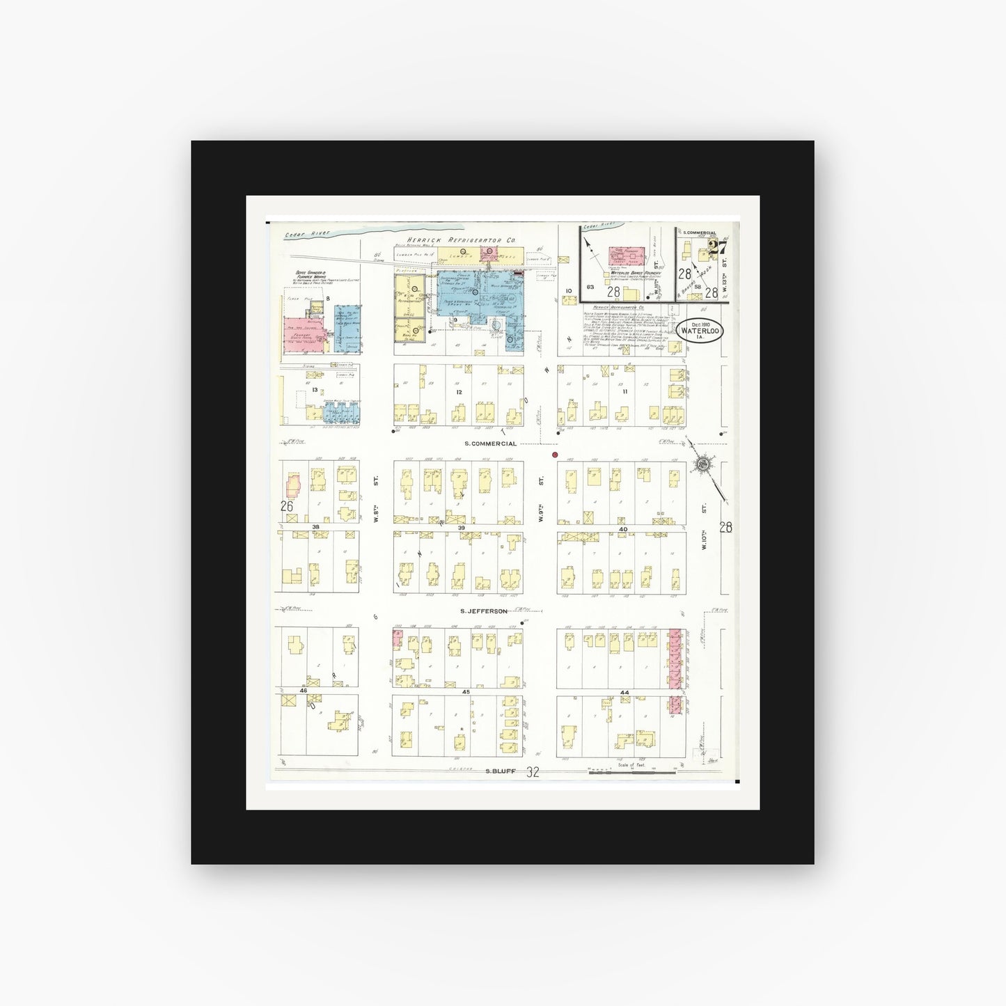 Old map wall art mockup — black gallery frame with white mat — Sanborn Fire Insurance Map from Waterloo, Black Hawk County, Iowa (1910), Sheet #0027