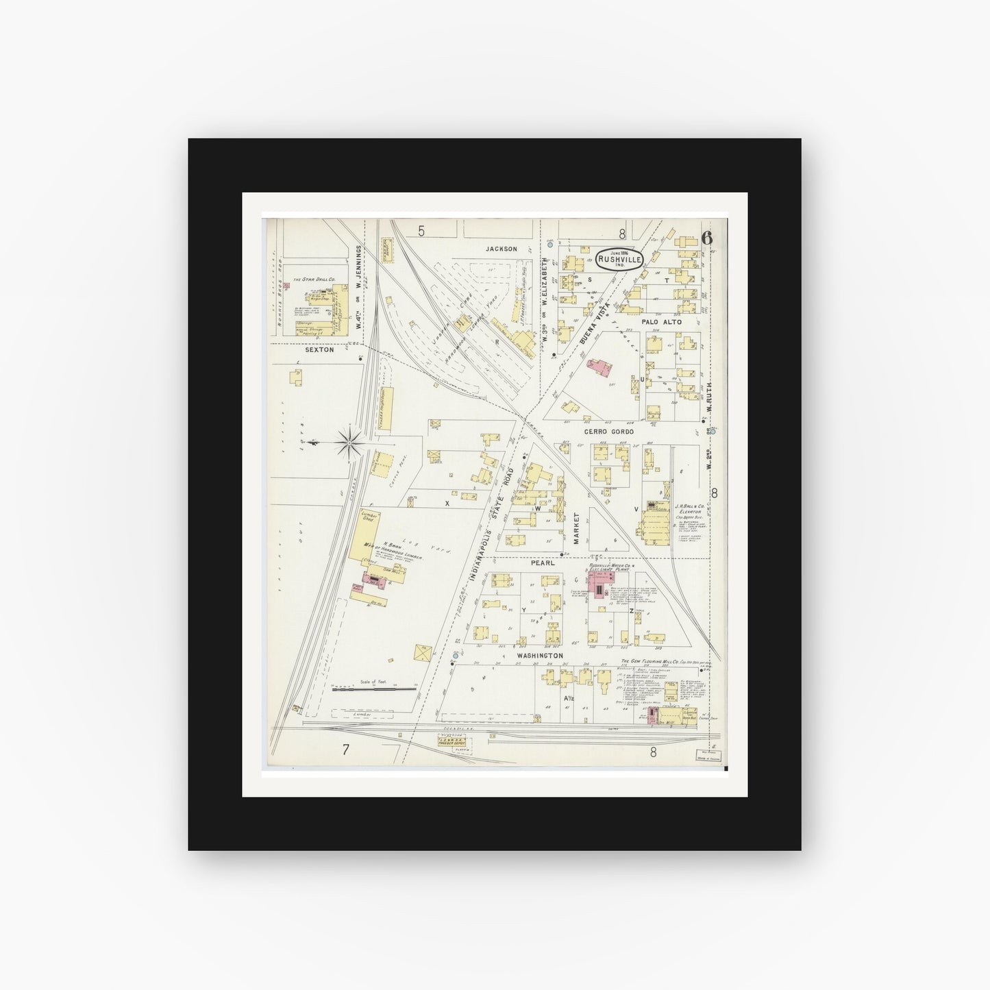 Old map wall art mockup — black gallery frame with white mat — Sanborn Fire Insurance Map from Rushville, Rush County, Indiana (1896), Sheet #0006