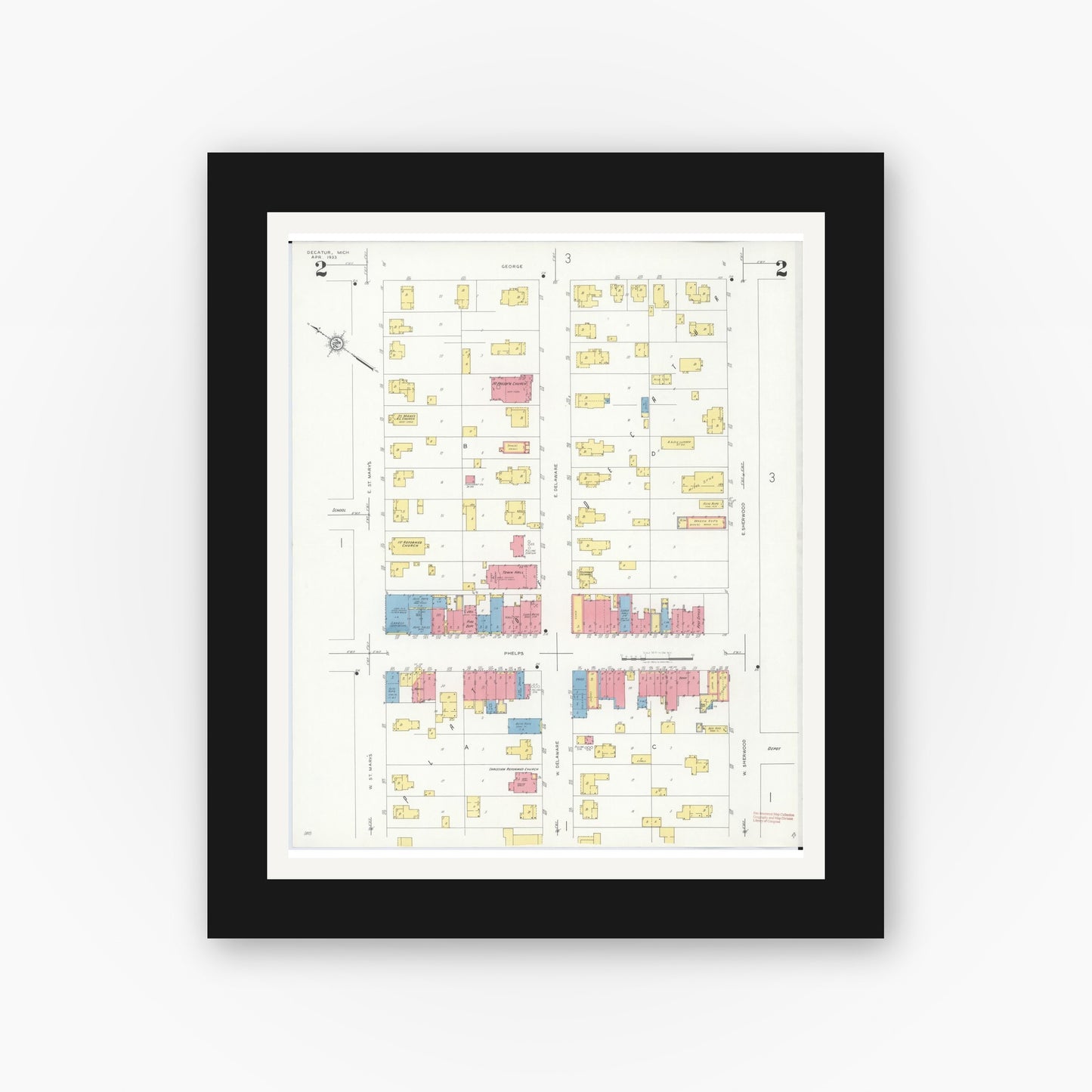 Old map wall art mockup — black gallery frame with white mat — Sanborn Fire Insurance Map from Decatur, Van Buren County, Michigan (1933), Sheet #0002