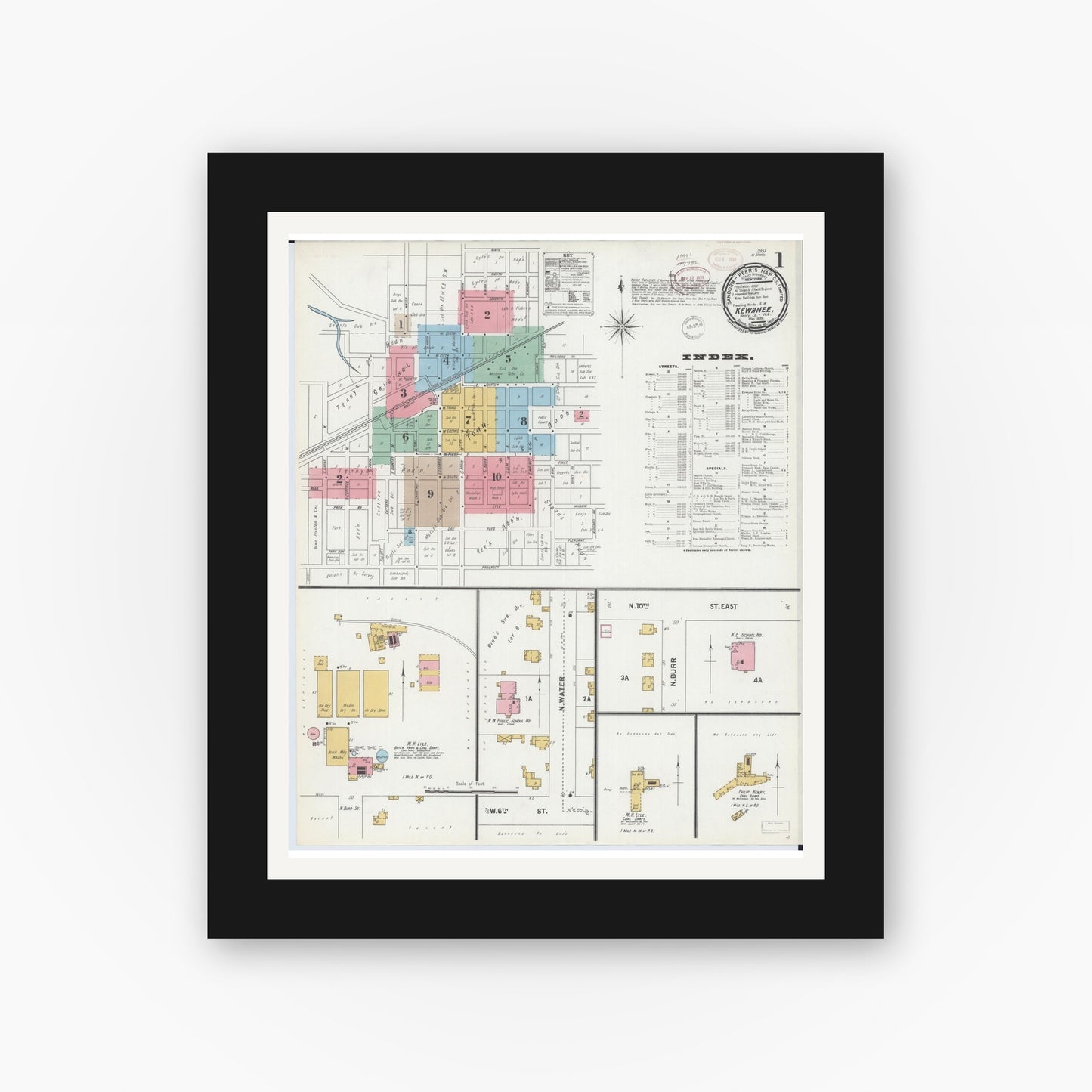 Old map wall art mockup — black gallery frame with white mat — Sanborn Fire Insurance Map from Kewanee, Henry County, Illinois (1899) - Complete Map Set