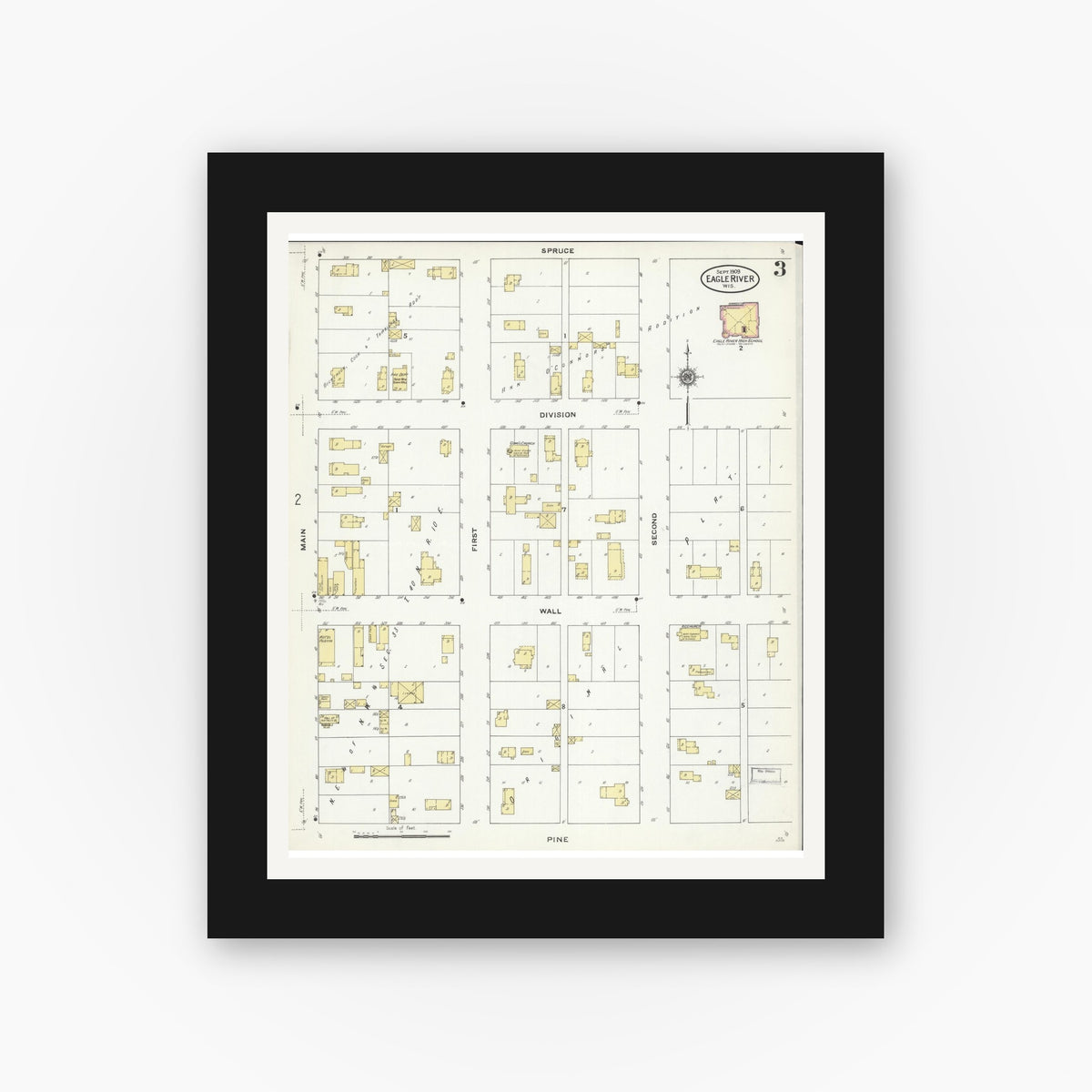 Old map wall art mockup — black gallery frame with white mat — Sanborn Fire Insurance Map from Eagle River, Vilas County, Wisconsin (1909), Sheet #0003