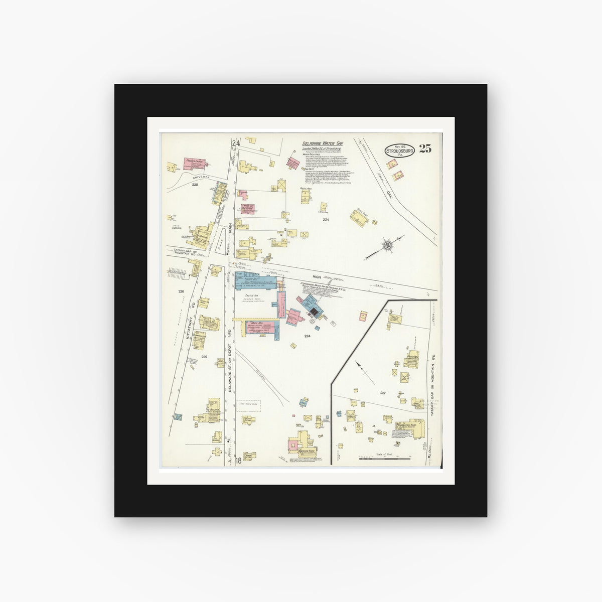 Old map wall art mockup β black gallery frame with white mat β Sanborn Fire Insurance Map from Stroudsburg, Monroe County, Pennsylvania (1912), Sheet #0025