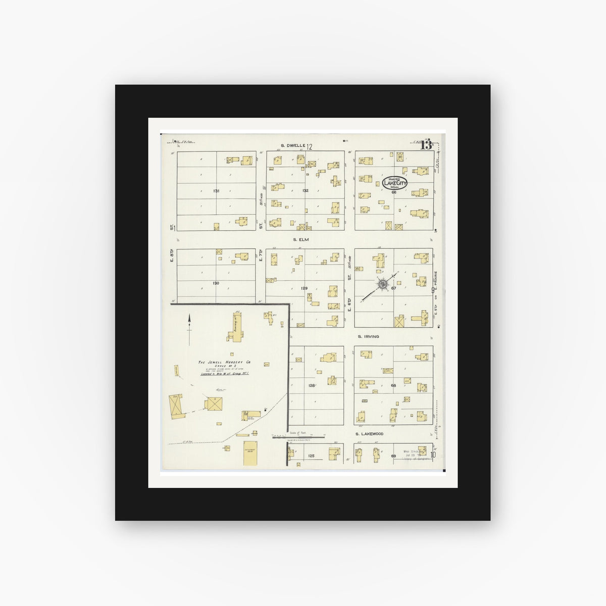 Old map wall art mockup — black gallery frame with white mat — Sanborn Fire Insurance Map from Lake City, Wabasha County, Minnesota (1921), Sheet #0013