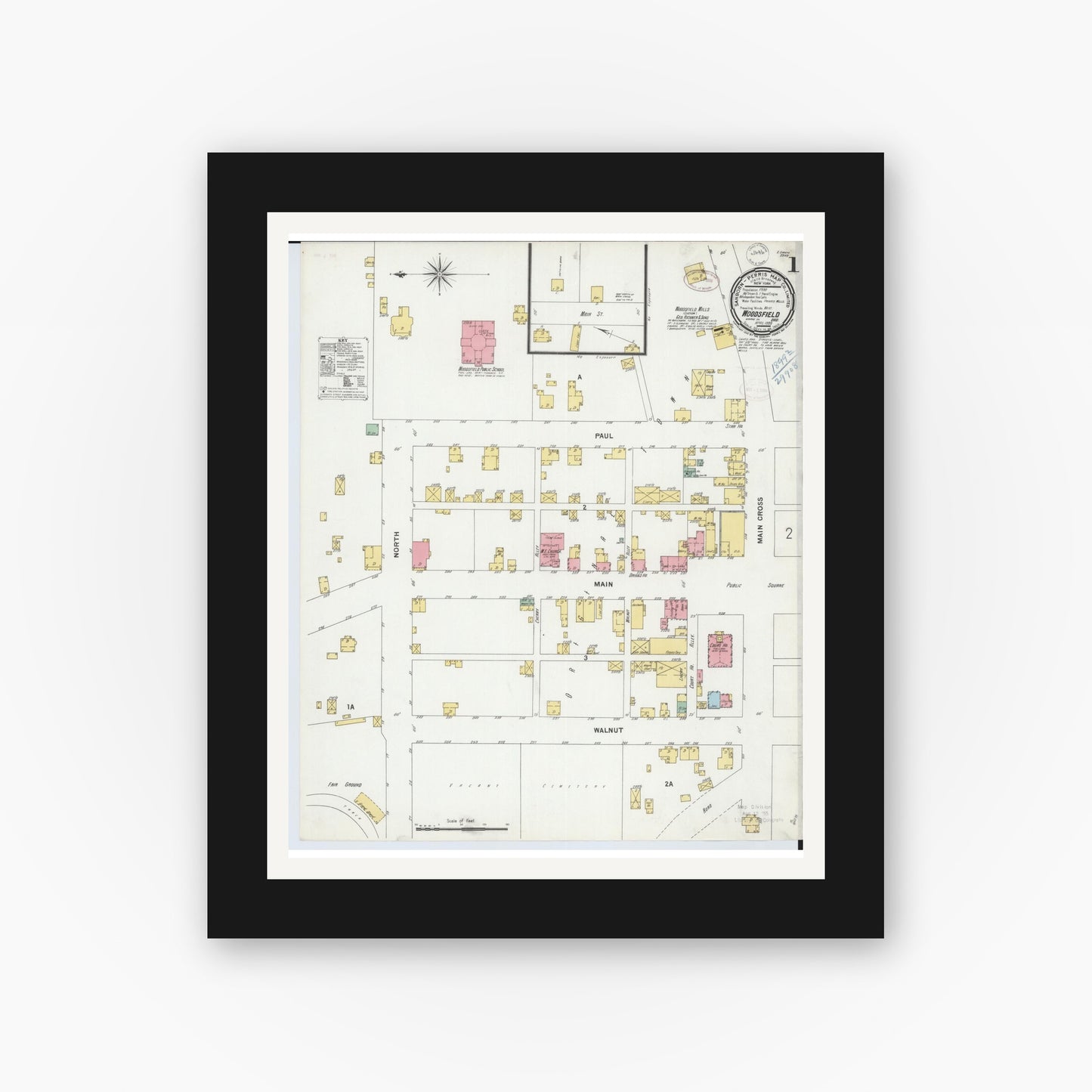 Old map wall art mockup — black gallery frame with white mat — Sanborn Fire Insurance Map from Woodsfield, Monroe County, Ohio (1899) - Complete Map Set
