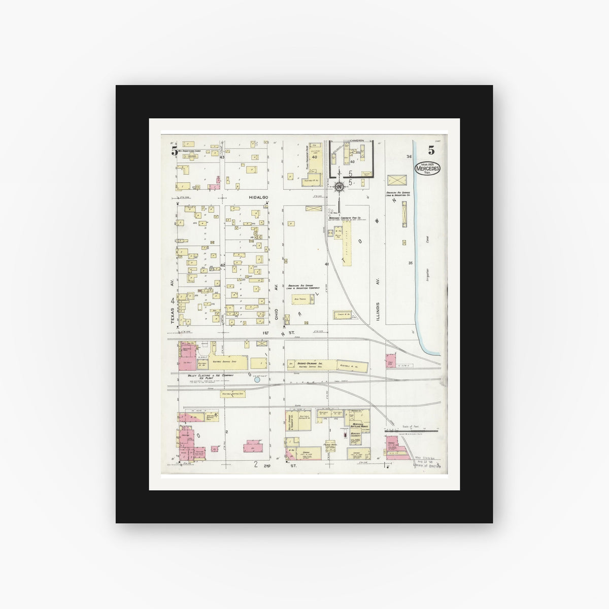 Old map wall art mockup — black gallery frame with white mat — Sanborn Fire Insurance Map from Mercedes, Hidalgo County, Texas (1925), Sheet #0005