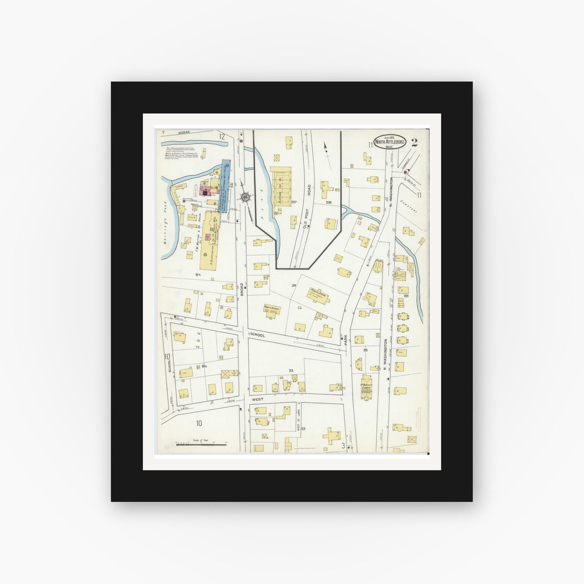Old map wall art mockup — black gallery frame with white mat — Sanborn Fire Insurance Map from North Attleborough, Bristol County, Massachusetts (1916), Sheet #0002