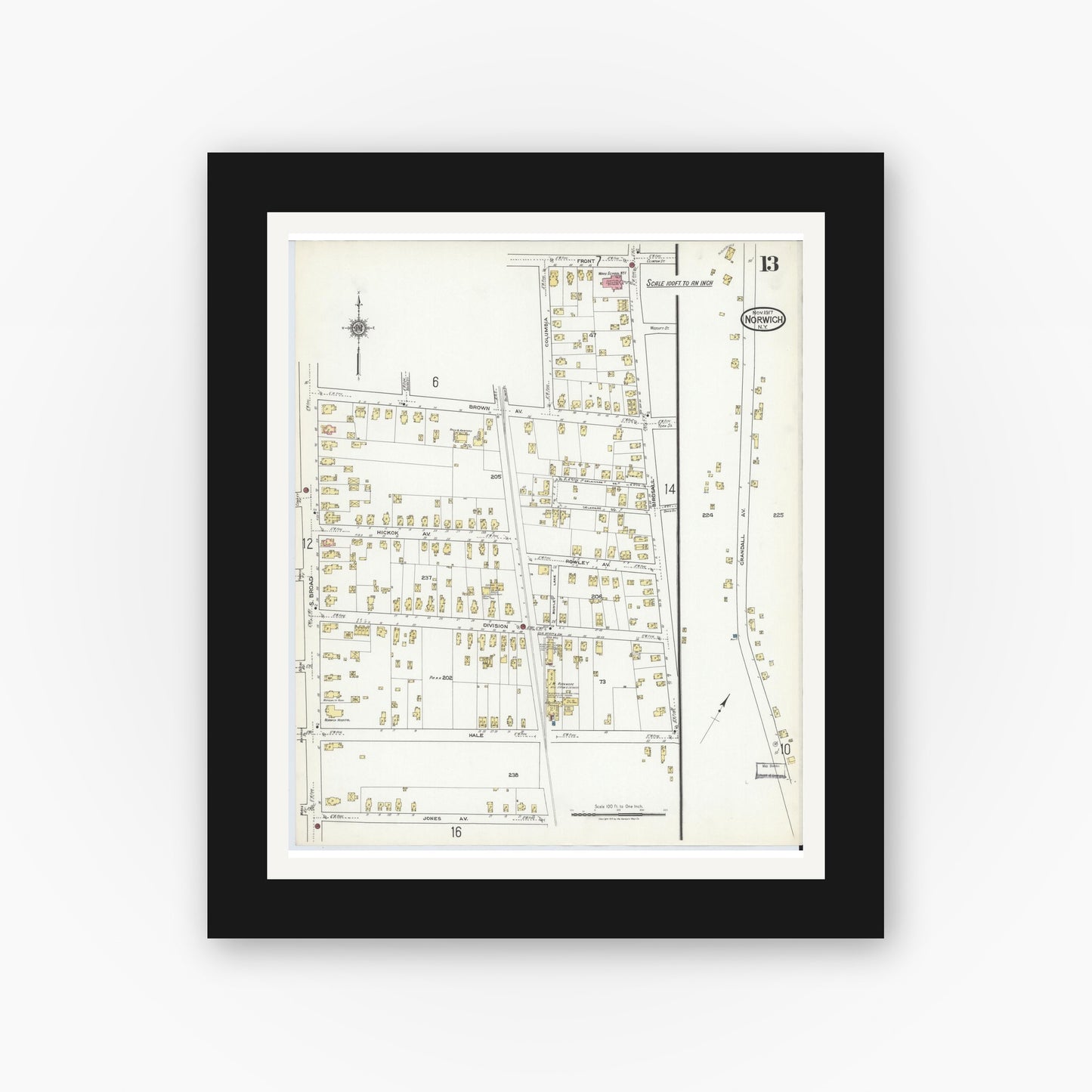 Old map wall art mockup — black gallery frame with white mat — Sanborn Fire Insurance Map from Norwich, Chenango County, New York (1917), Sheet #0013
